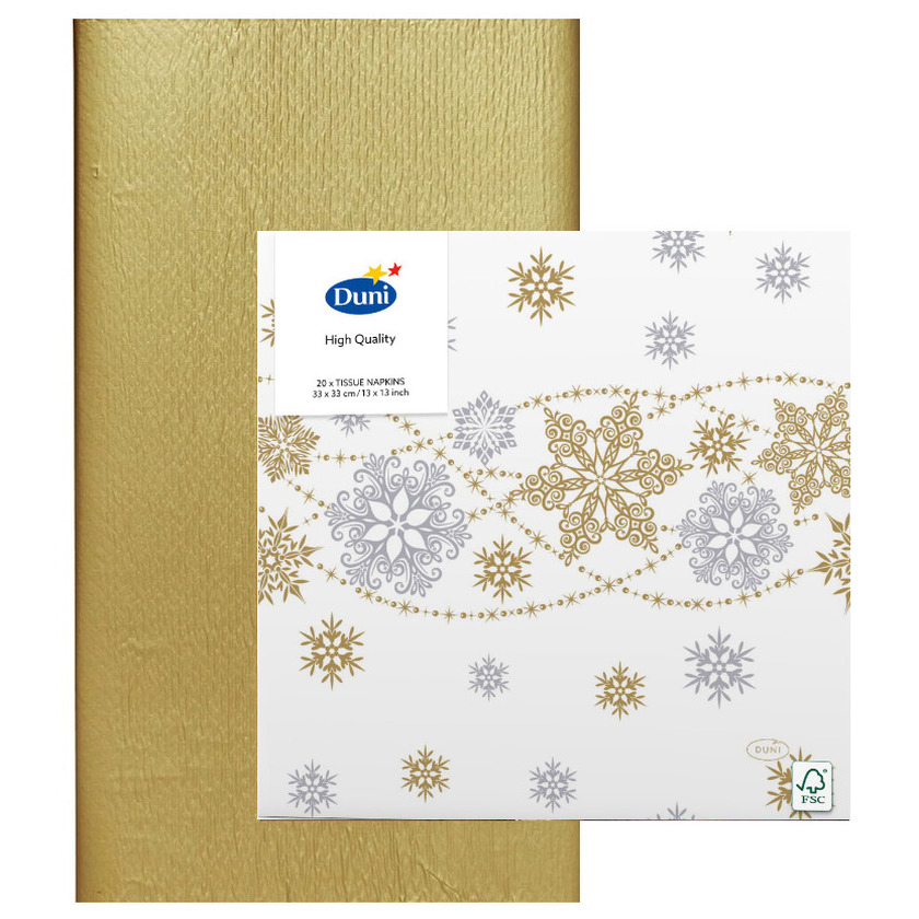 Papieren tafelkleed-tafellaken goud inclusief sneeuwvlok servetten