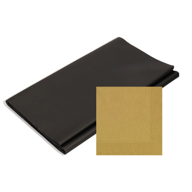 Papieren tafelkleed-tafellaken zwart inclusief gouden servetten