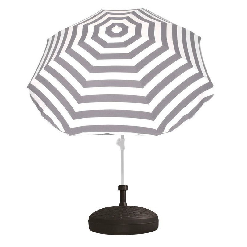 Parasolstandaard en grijs-witte gestreepte parasol