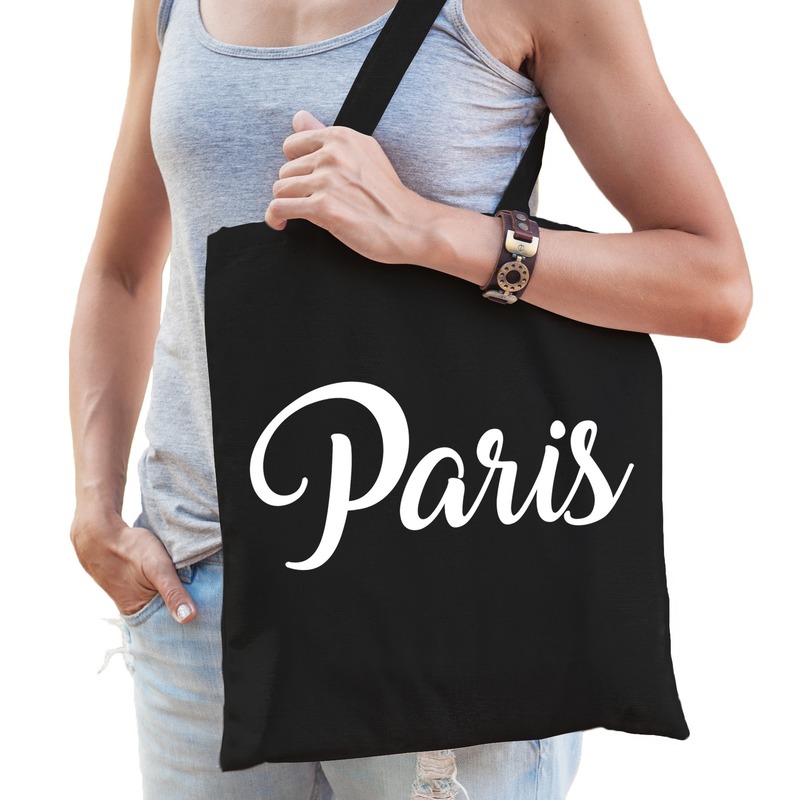 Parijs schoudertas zwart katoen met Paris bedrukking