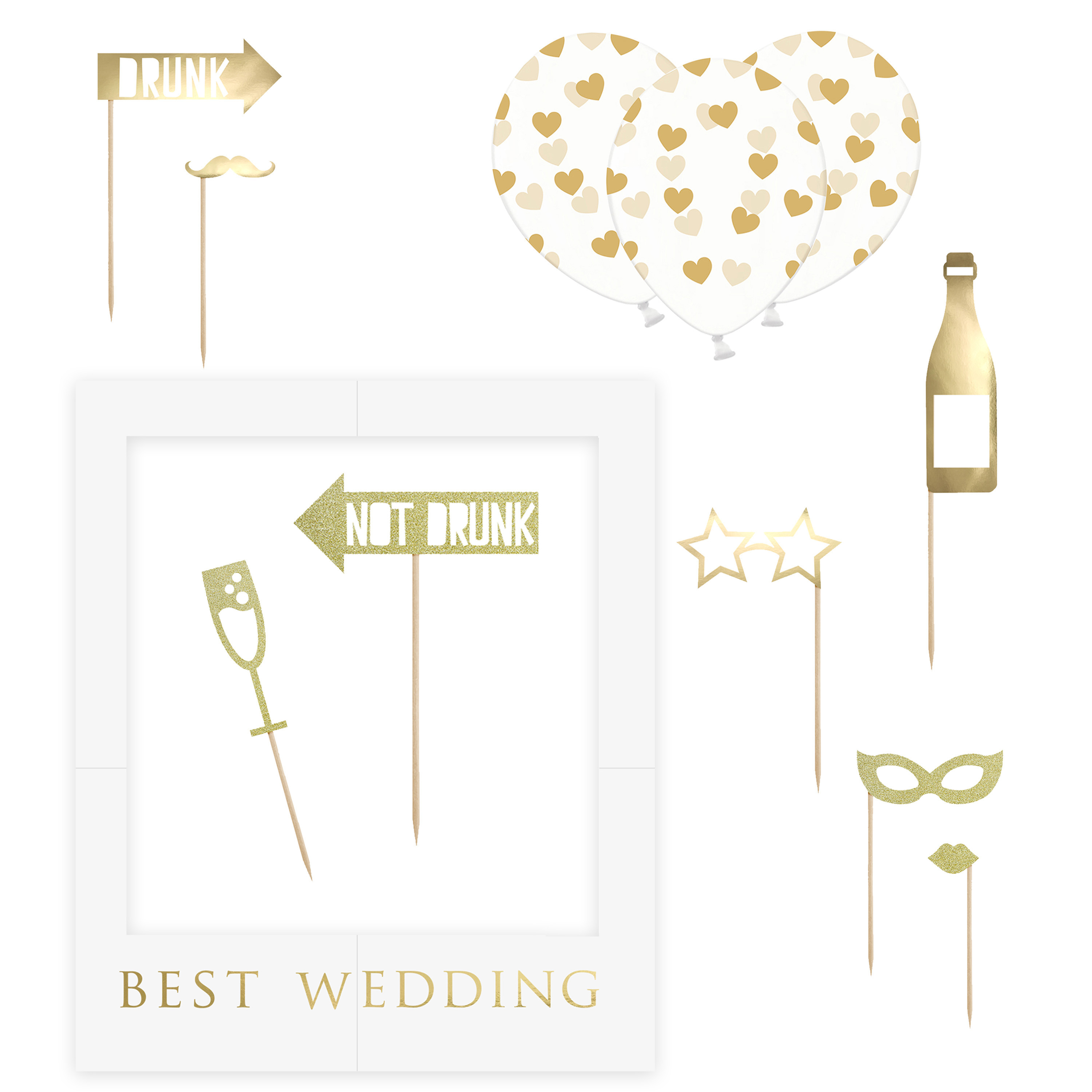 PartyDeco foto prop set Best Wedding goud-wit 13-delig met frame photobooth Bruiloft