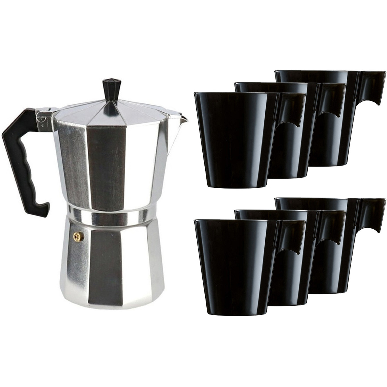 Percolator-espresso apparaat zilver met 6x zwarte kopjes-mokken