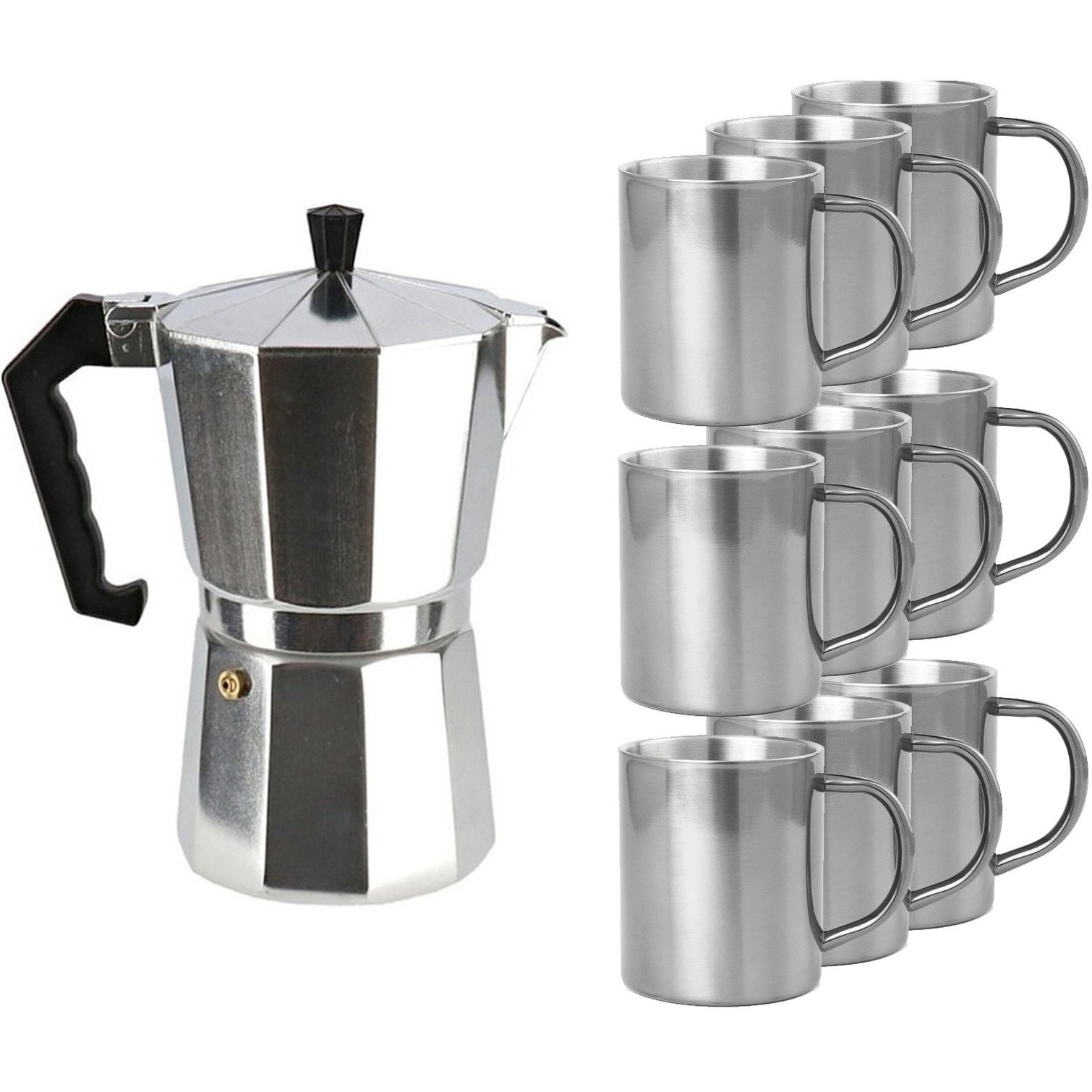 Percolator-espresso apparaat zilver met 9x kopjes-mokken