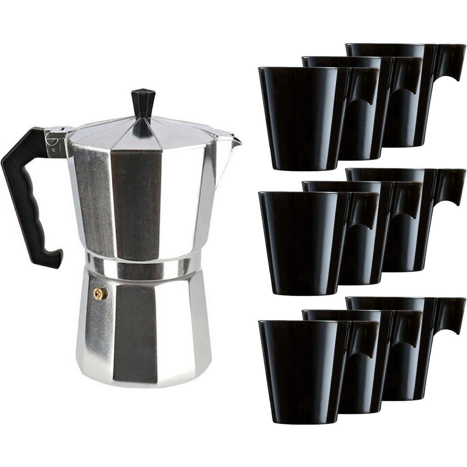 Percolator-espresso apparaat zilver met 9x zwarte kopjes-mokken