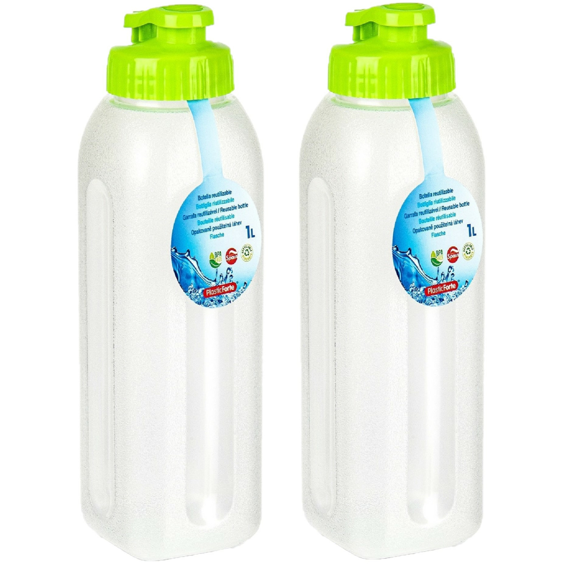 PlasticForte Waterfles-bidon 2x 1000 ml transparant-groen kunststof