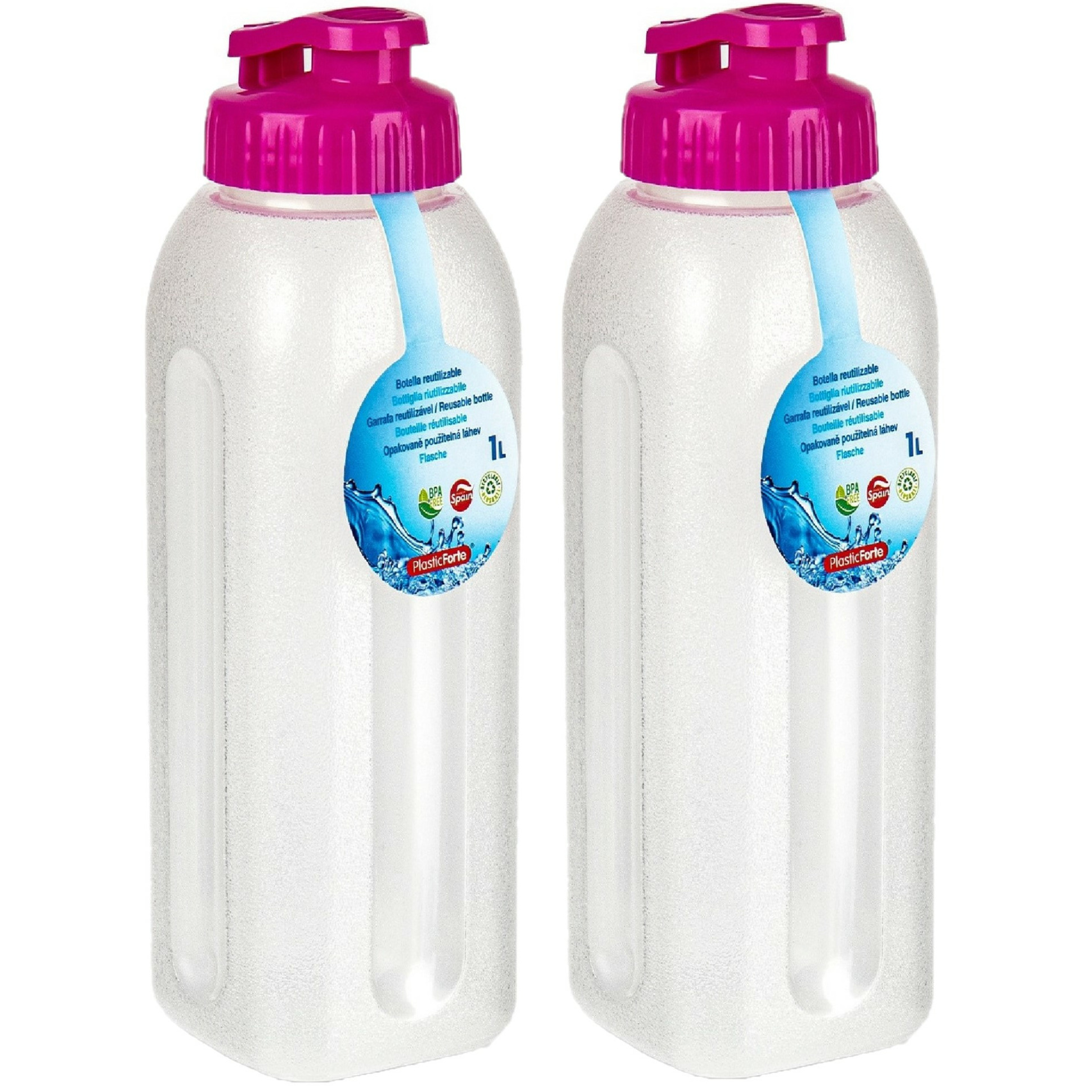 PlasticForte Waterfles-bidon 2x 1000 ml transparant-roze kunststof