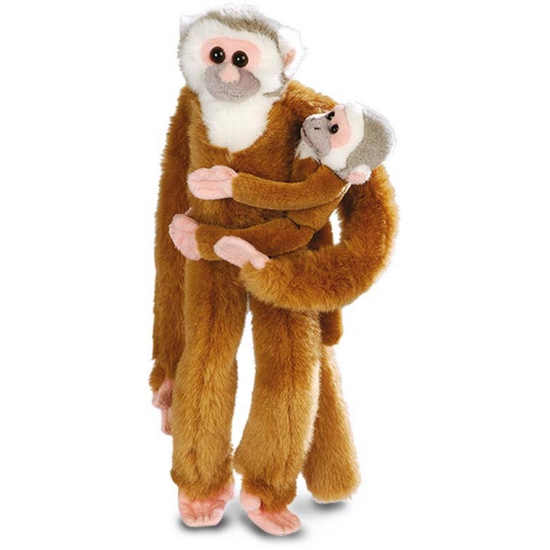 Pluche bruine hangende apen met baby