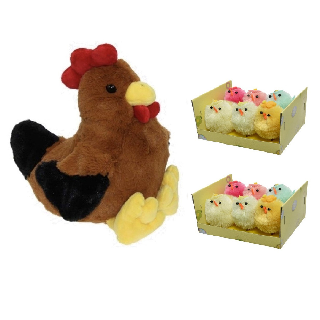 Pluche bruine kippen-hanen knuffel van 25 cm met 12x stuks mini gekleurde kuikentjes 4 cm