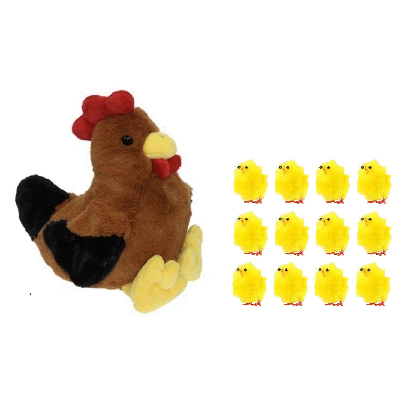 Pluche bruine kippen-hanen knuffel van 25 cm met 12x stuks mini kuikentjes 3 cm