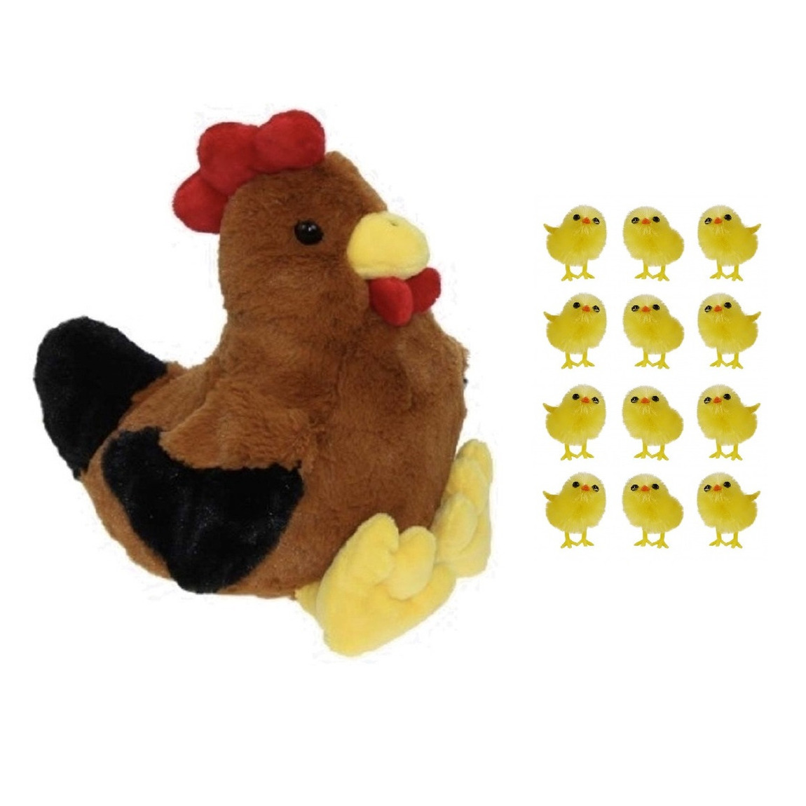 Pluche bruine kippen-hanen knuffel van 25 cm met 12x stuks mini kuikentjes 3,5 cm