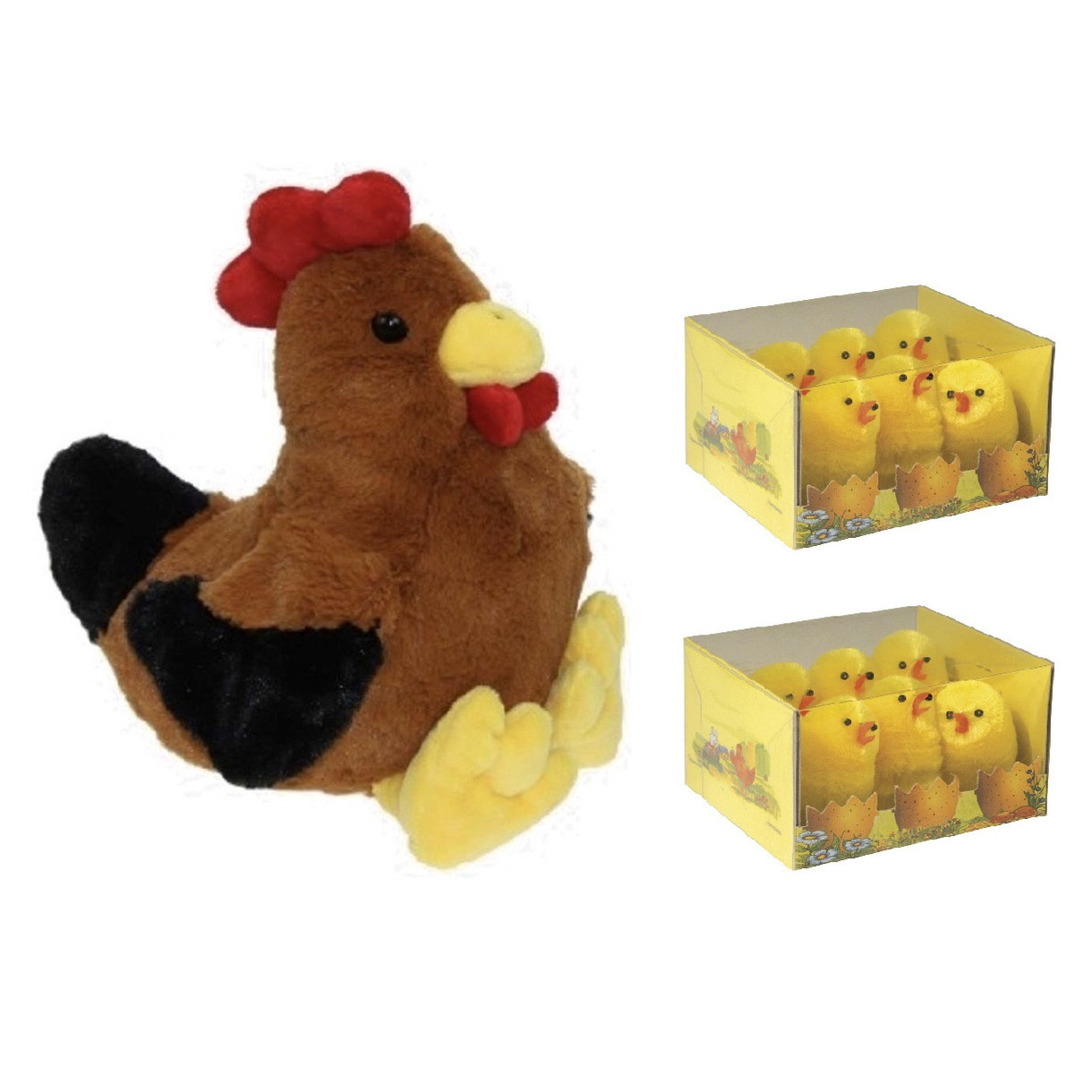 Pluche bruine kippen-hanen knuffel van 25 cm met 12x stuks mini kuikentjes 5 cm