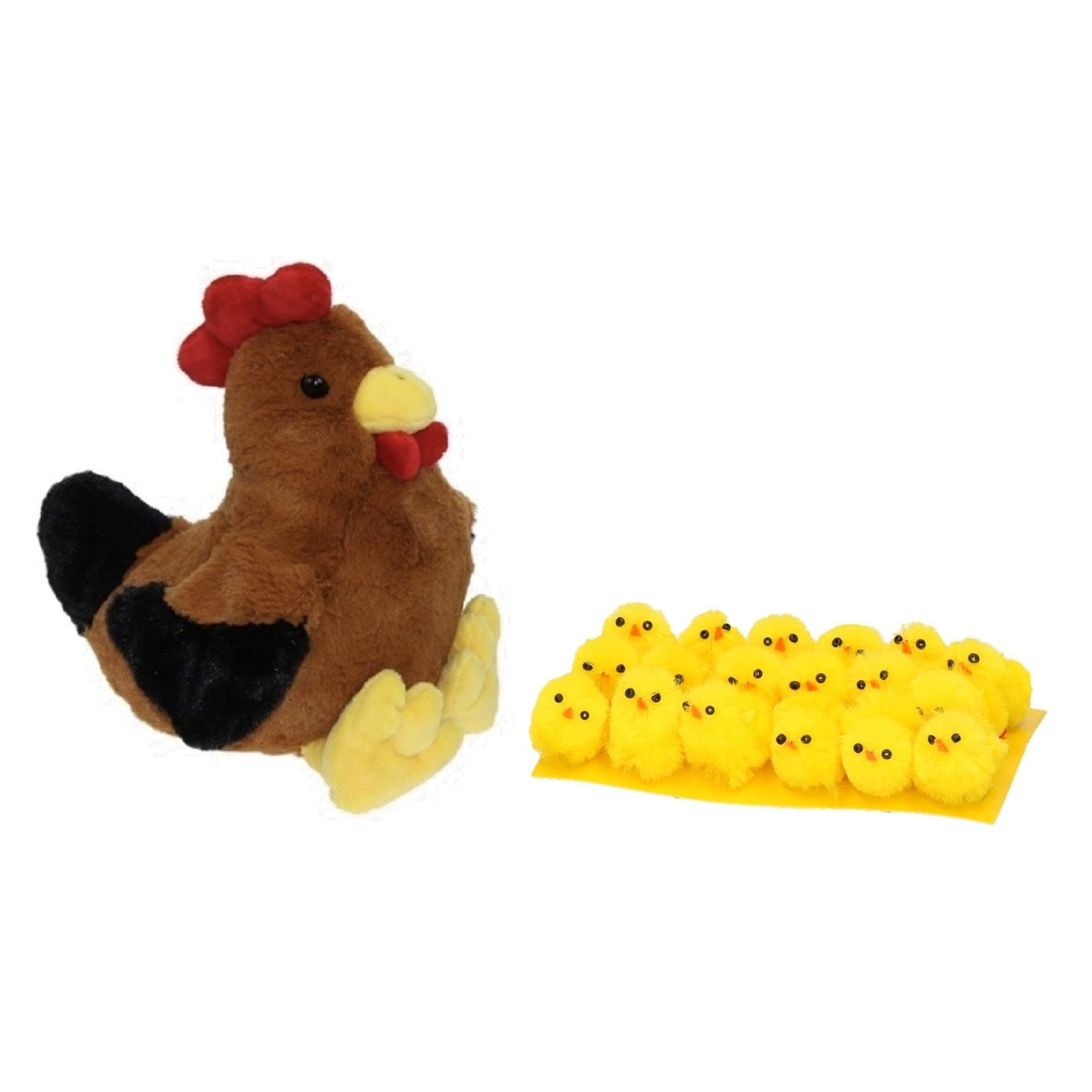Pluche bruine kippen-hanen knuffel van 25 cm met 18x stuks mini kuikentjes 3 cm