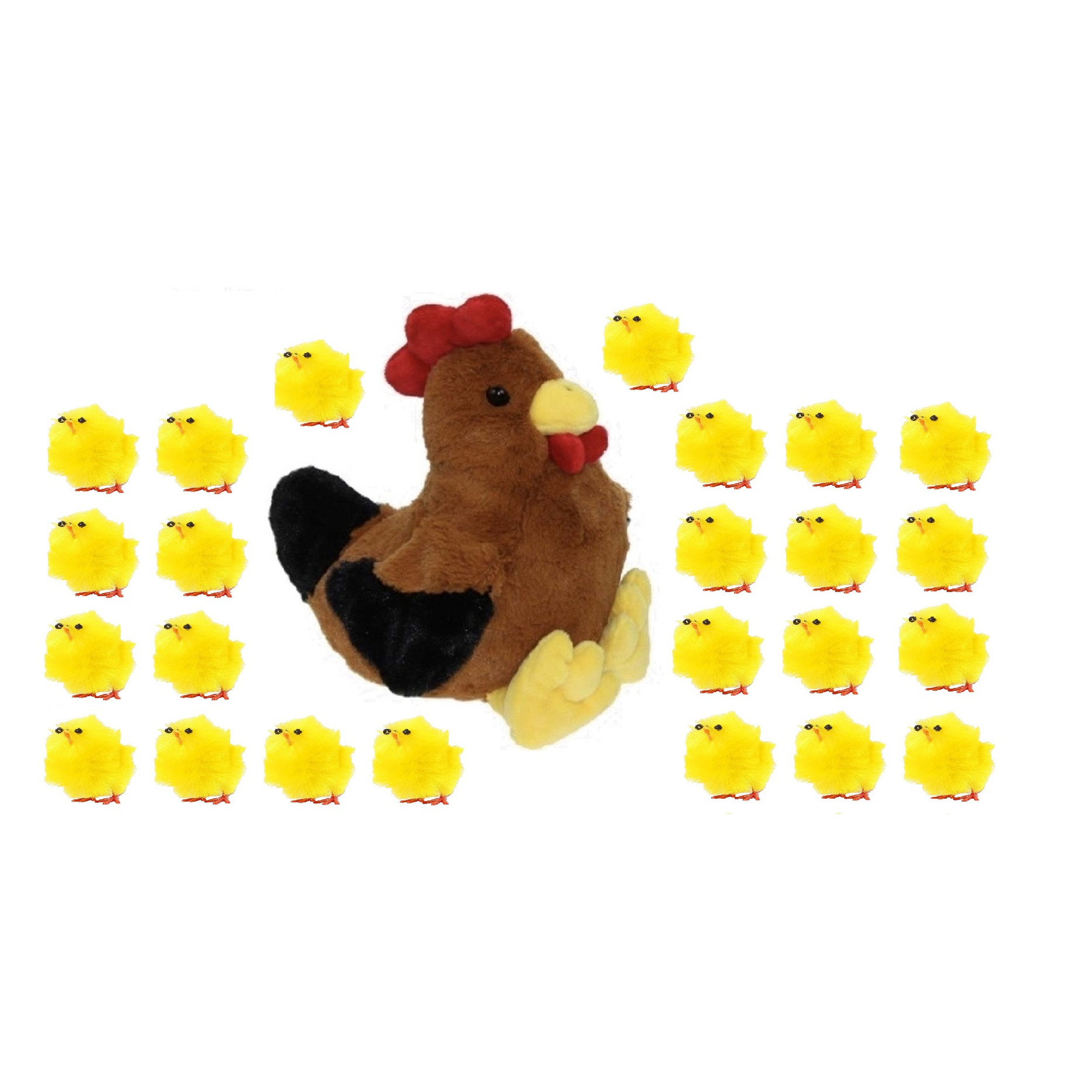 Pluche bruine kippen-hanen knuffel van 25 cm met 24x stuks mini kuikentjes 3 cm
