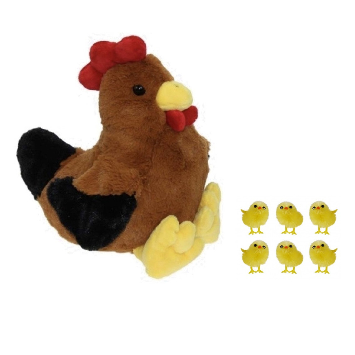 Pluche bruine kippen-hanen knuffel van 25 cm met 6x stuks mini kuikentjes 3,5 cm