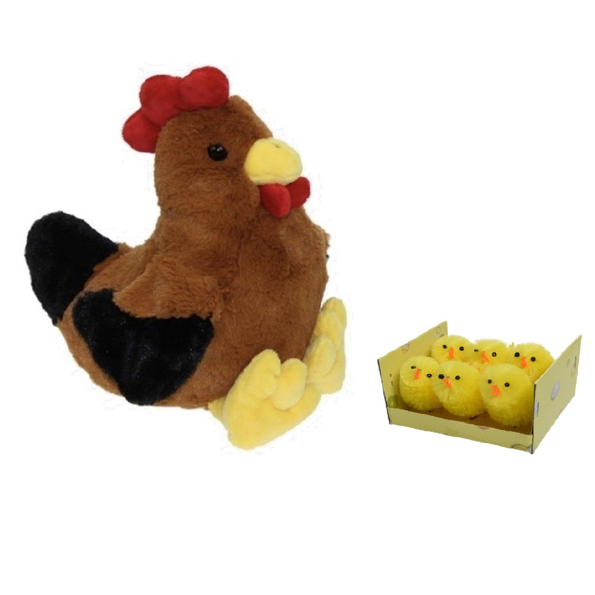 Pluche bruine kippen-hanen knuffel van 25 cm met 6x stuks mini kuikentjes 4 cm