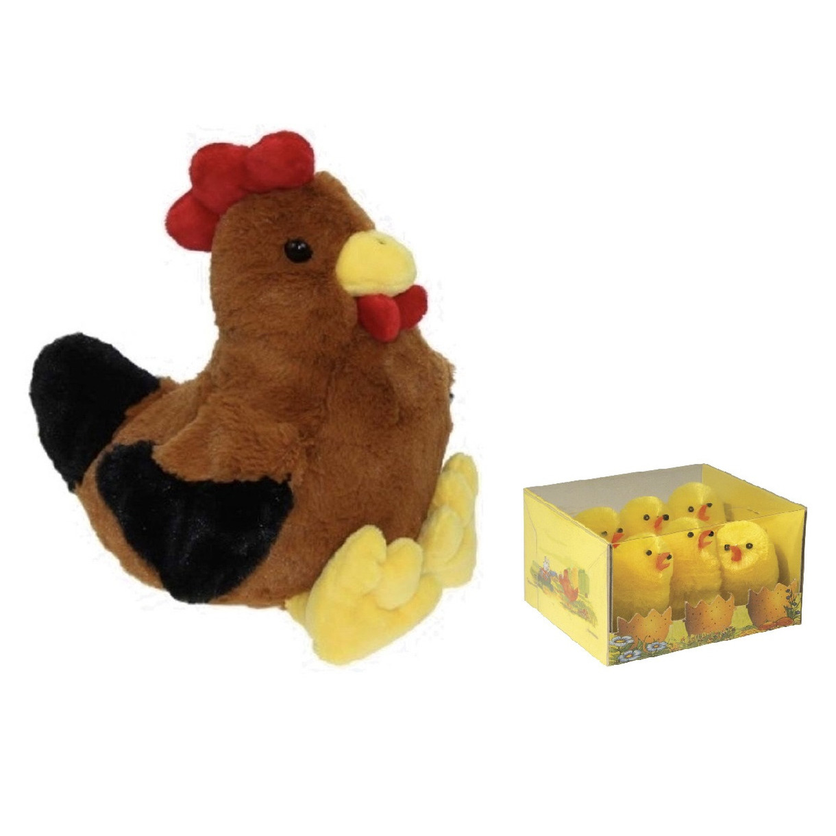 Pluche bruine kippen-hanen knuffel van 25 cm met 6x stuks mini kuikentjes 5 cm