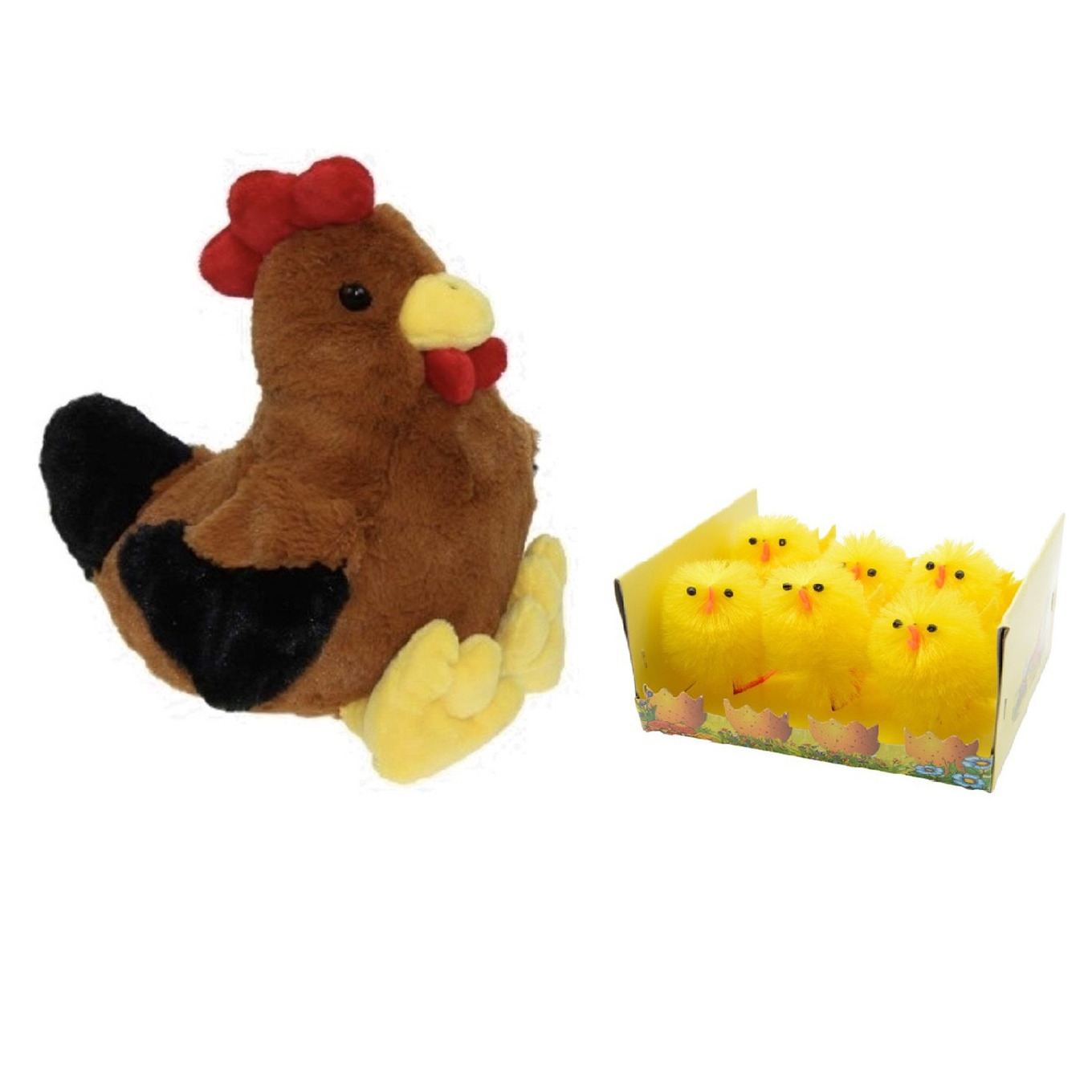 Pluche bruine kippen-hanen knuffel van 25 cm met 6x stuks mini kuikentjes 6,5 cm