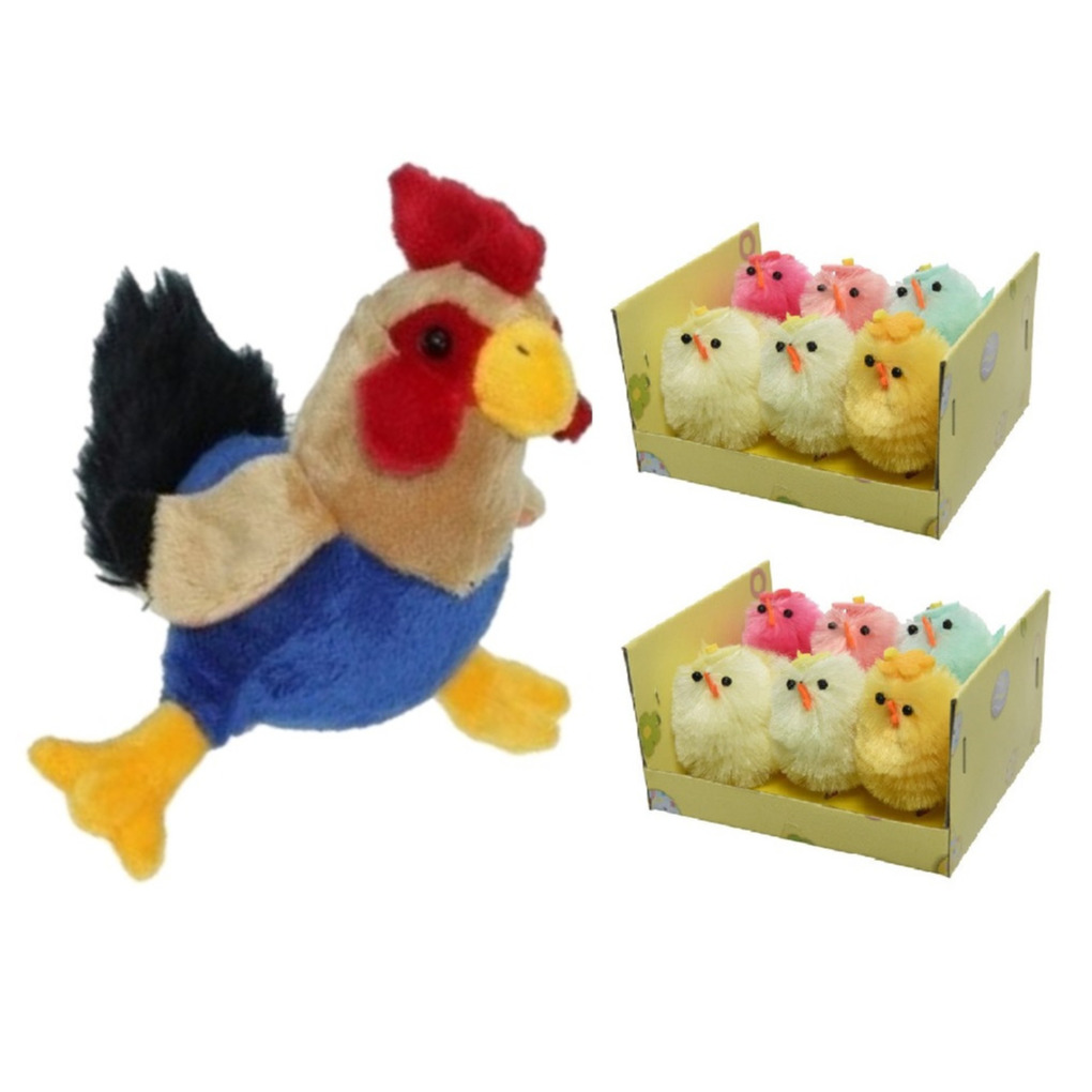 Pluche kippen-hanen knuffel van 20 cm met 12x stuks mini gekleurde kuikentjes 4 cm