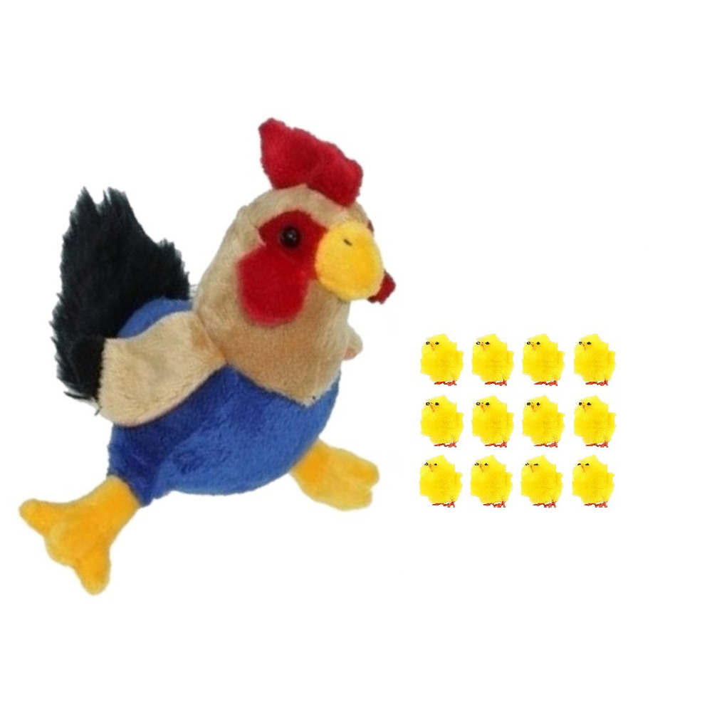 Pluche kippen-hanen knuffel van 20 cm met 12x stuks mini kuikentjes 3 cm