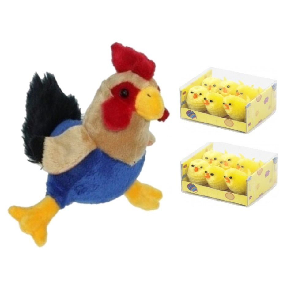 Pluche kippen-hanen knuffel van 20 cm met 12x stuks mini kuikentjes 3,5 cm
