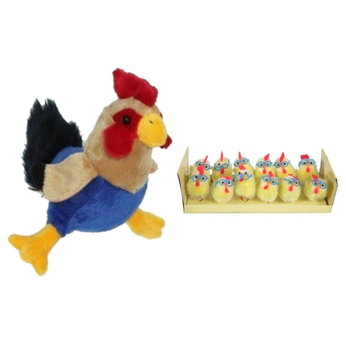 Pluche kippen-hanen knuffel van 20 cm met 12x stuks mini kuikentjes met brilletje 4,5 cm
