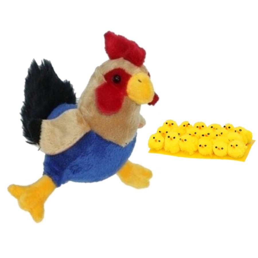 Pluche kippen-hanen knuffel van 20 cm met 18x stuks mini kuikentjes 3 cm