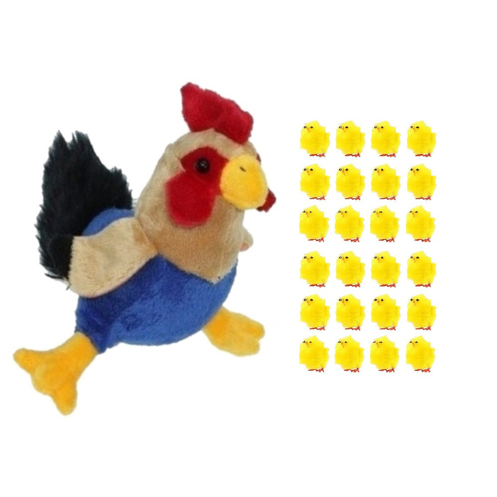 Pluche kippen-hanen knuffel van 20 cm met 24x stuks mini kuikentjes 3 cm
