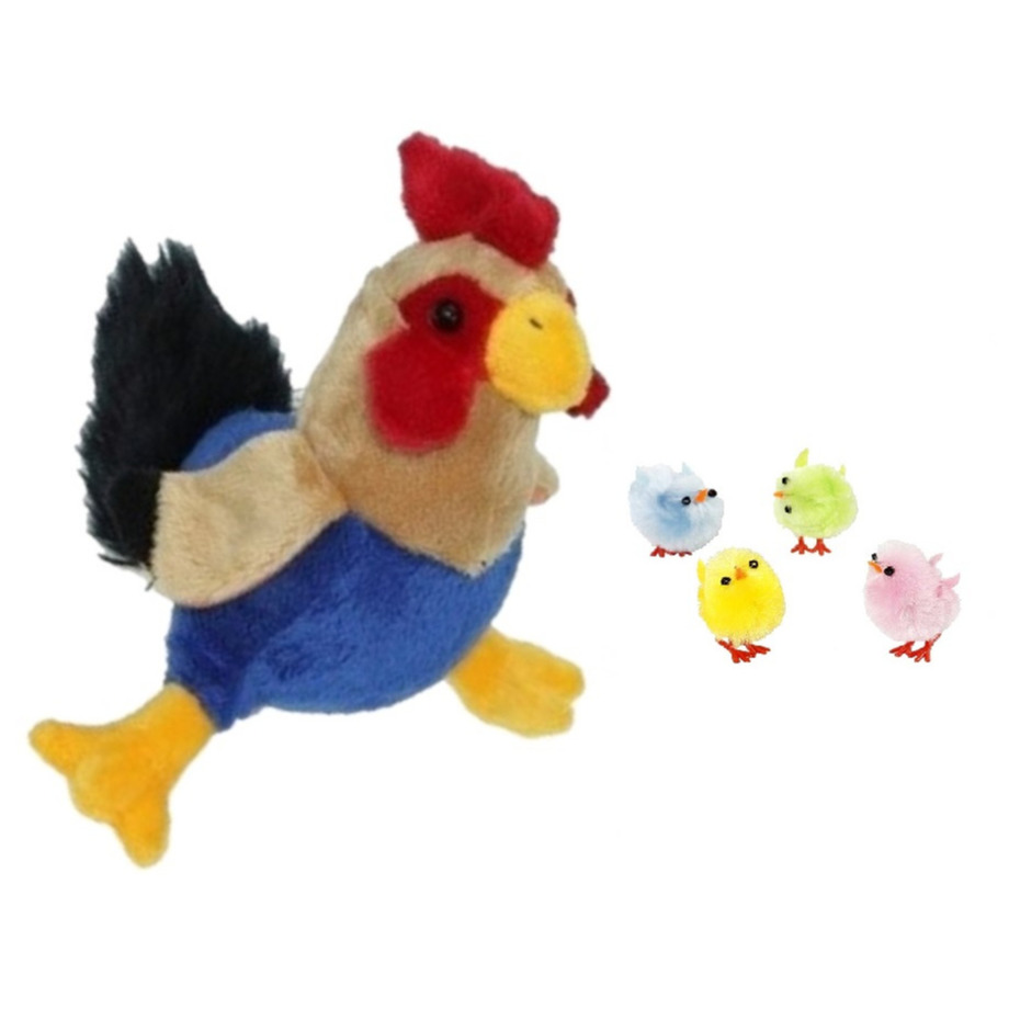 Pluche kippen-hanen knuffel van 20 cm met 4x stuks mini gekleurde kuikentjes 3 cm