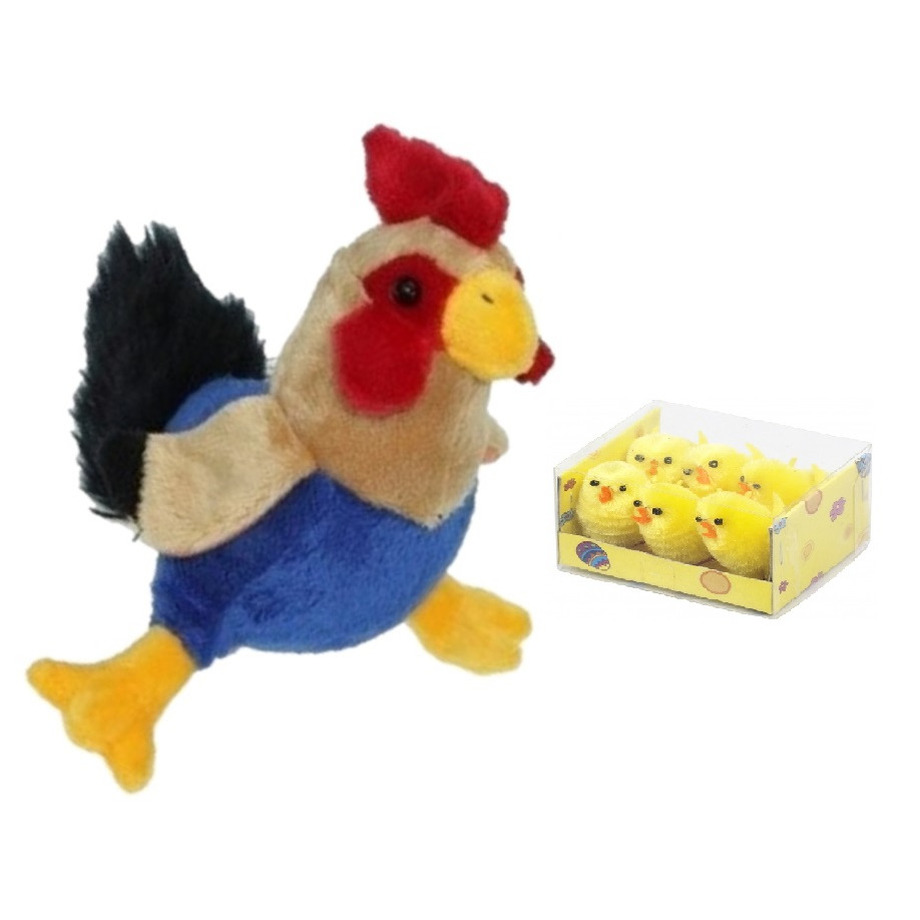 Pluche kippen-hanen knuffel van 20 cm met 6x stuks mini kuikentjes 3,5 cm