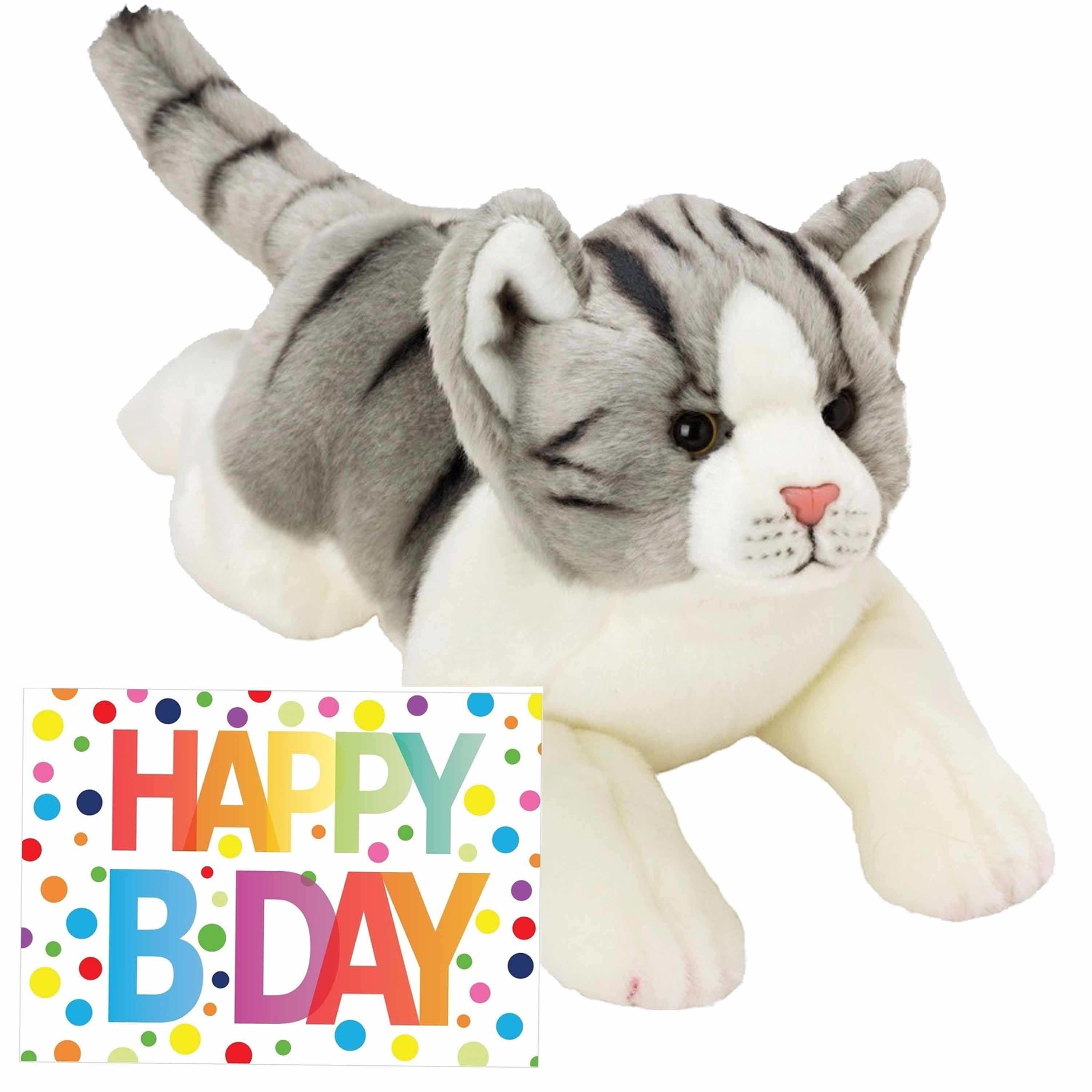 Pluche knuffel grijs-witte kat-poes 33 met A5-size Happy Birthday wenskaart