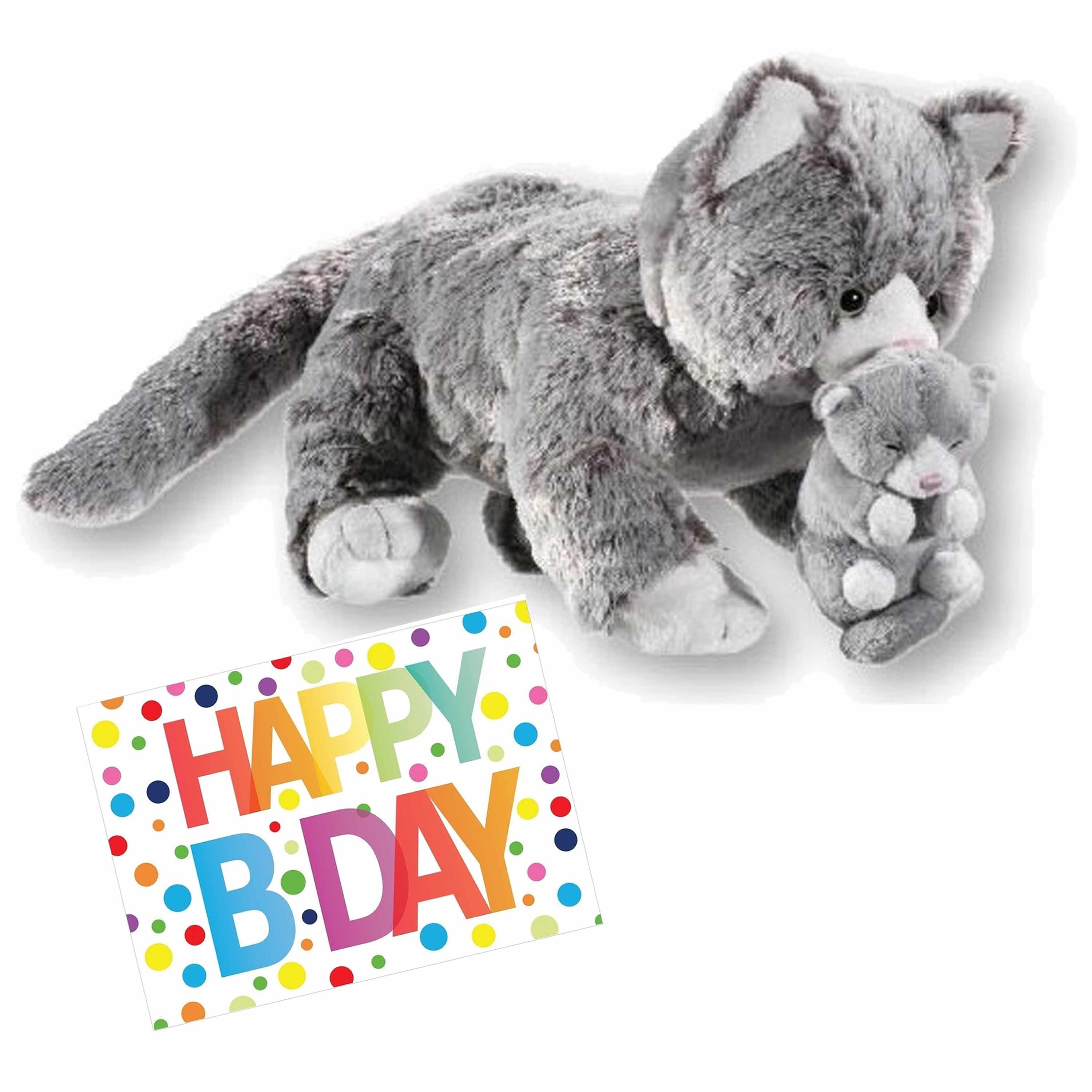 Pluche knuffel kat-poes grijs 32 cm met A5-size Happy Birthday wenskaart
