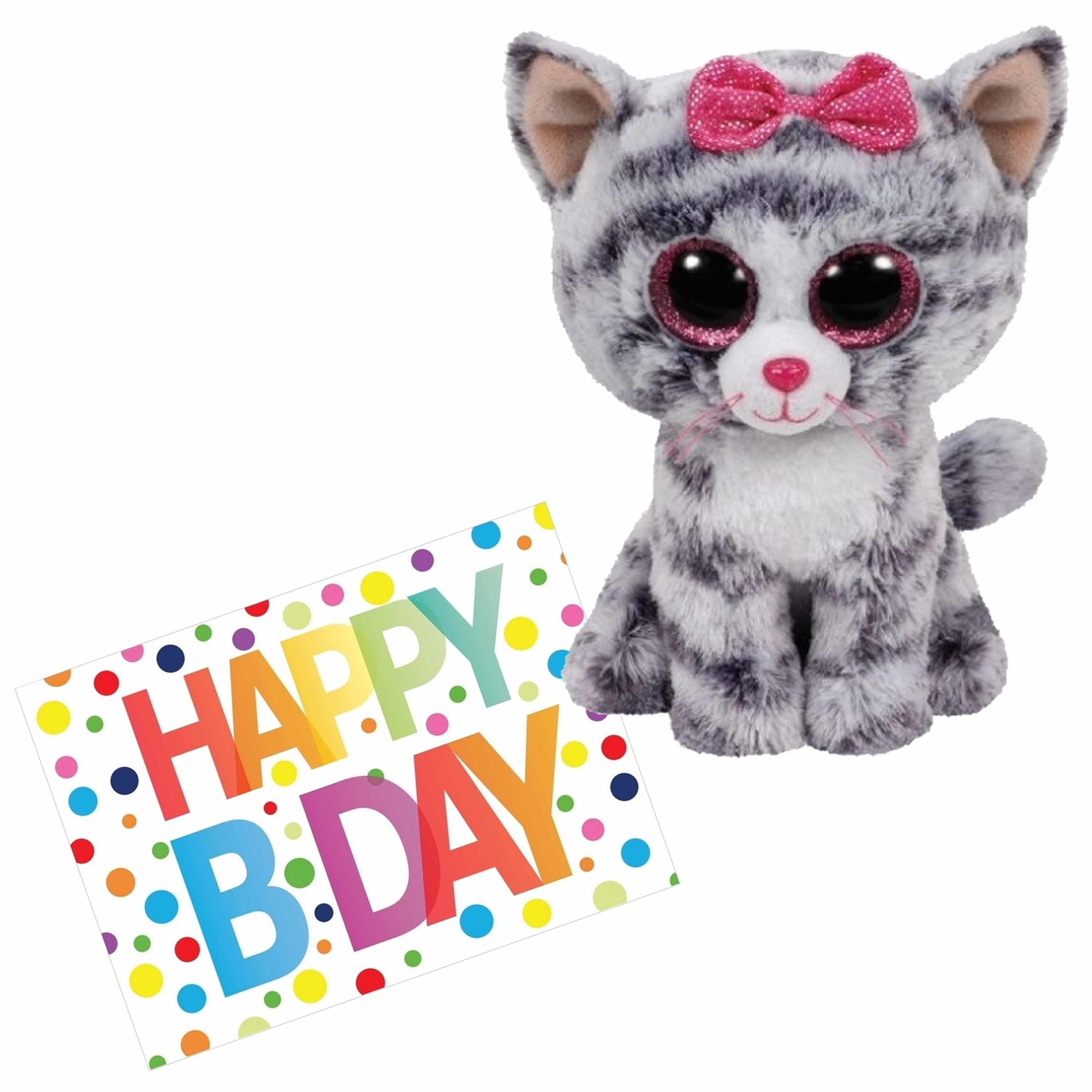 Pluche knuffel kat-poes Ty Beanie Kiki 15 cm met A5-size Happy Birthday wenskaart