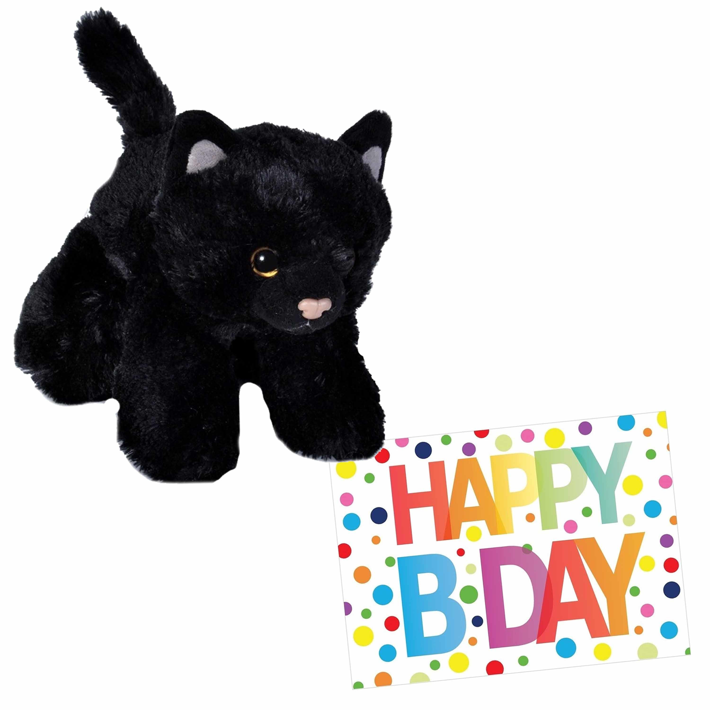 Pluche knuffel kat-poes zwart 18 cm met A5-size Happy Birthday wenskaart