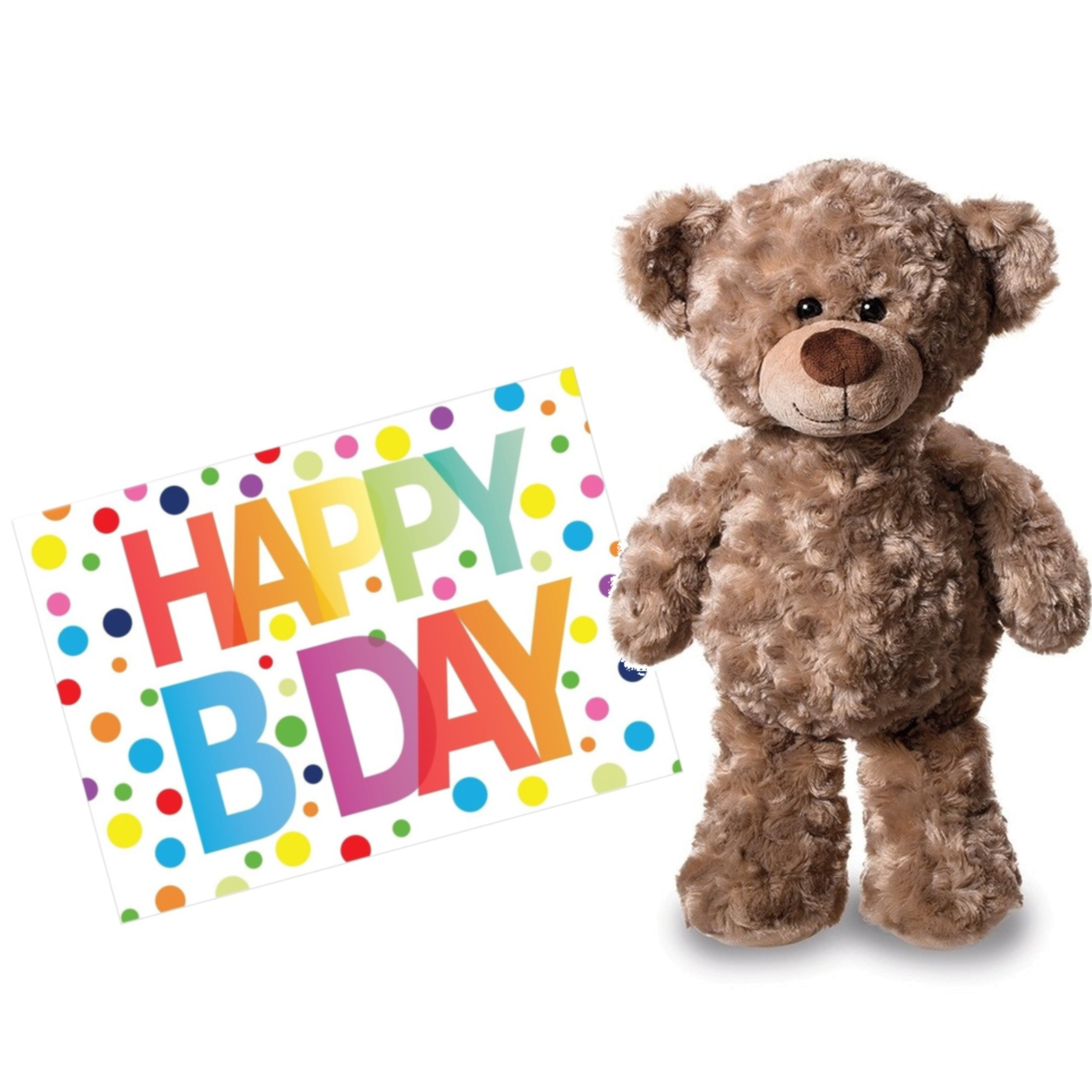 Pluche knuffel knuffelbeer 24 cm met A5-size Happy Birthday wenskaart