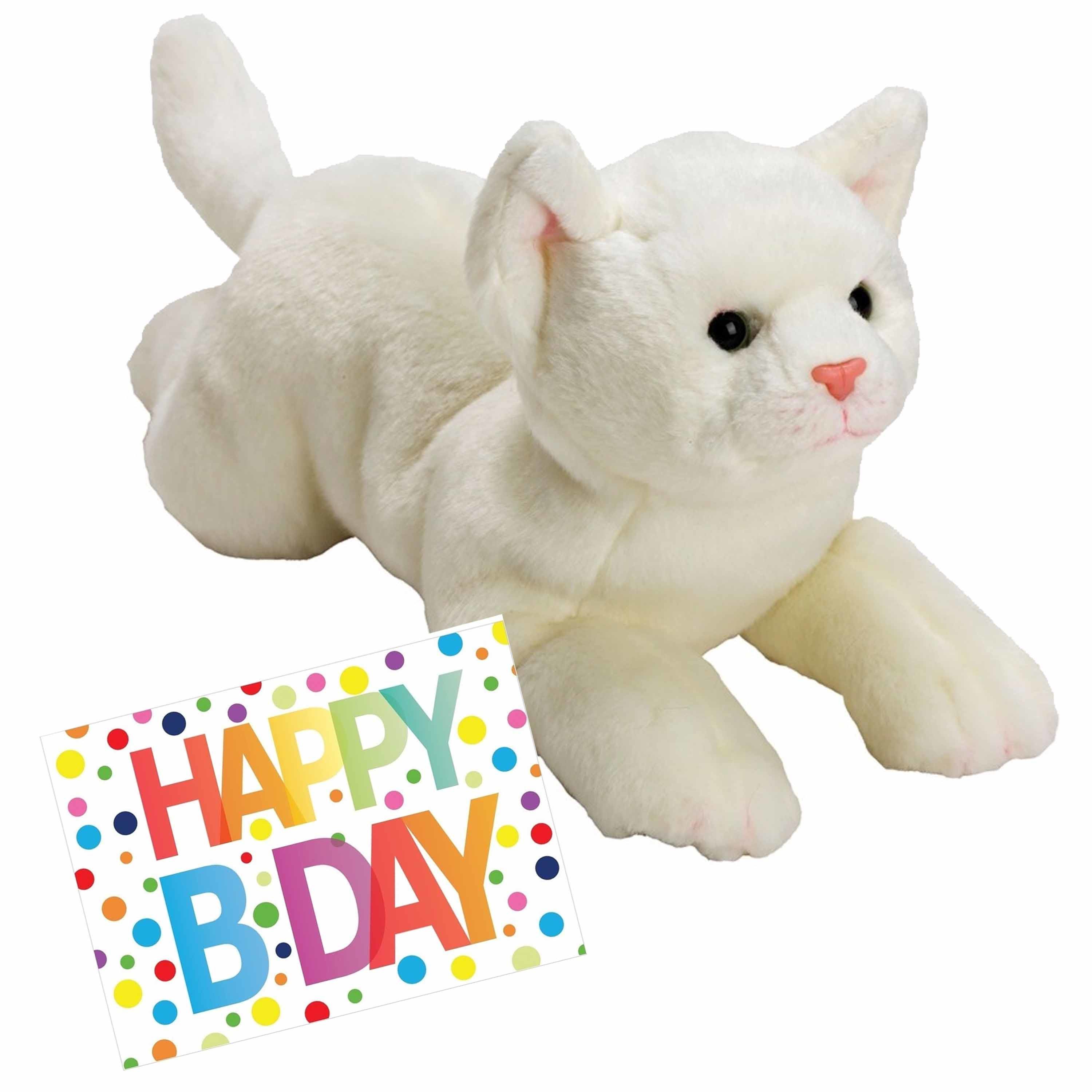 Pluche knuffel witte kat-poes 33 met A5-size Happy Birthday wenskaart