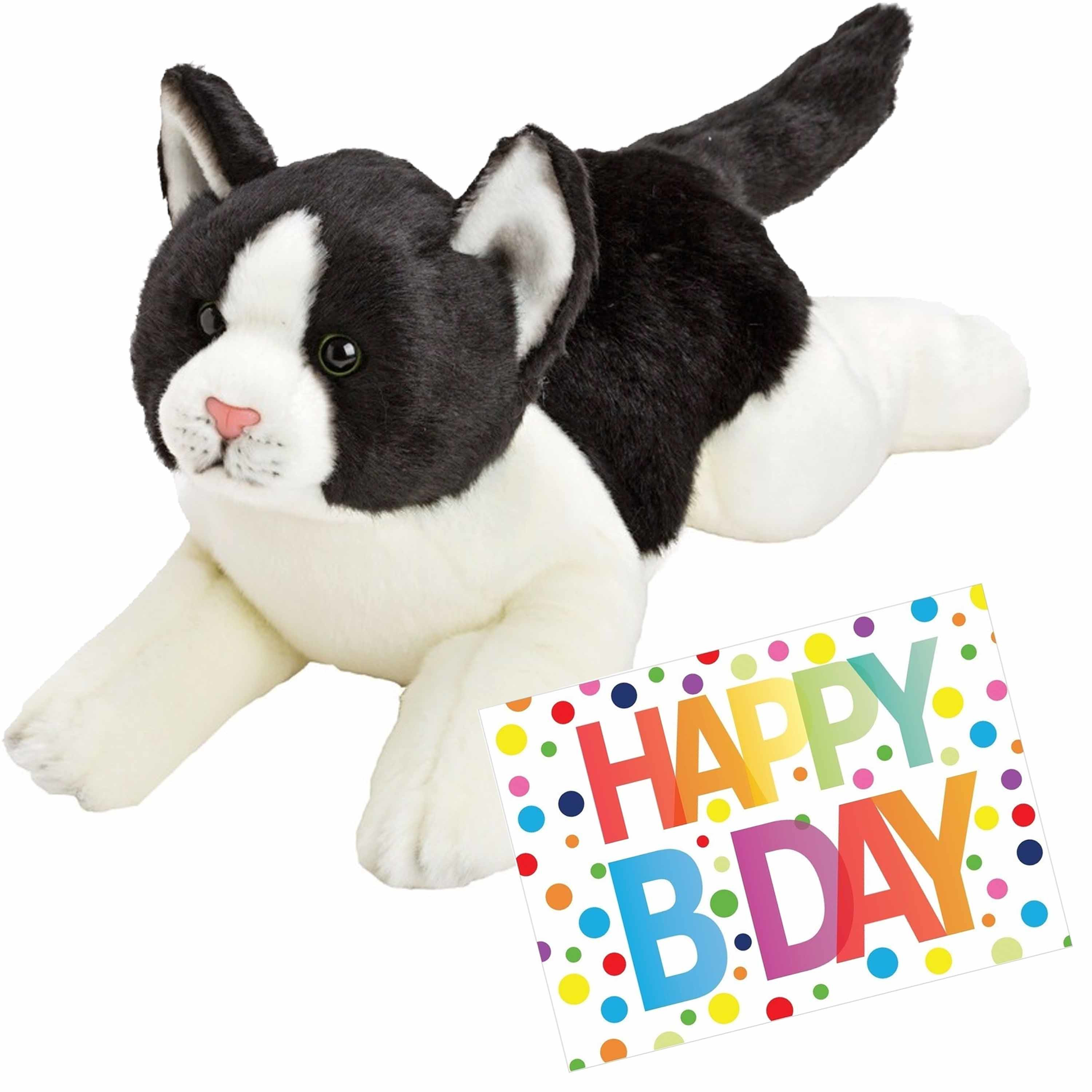 Pluche knuffel zwart-witte kat-poes 33 met A5-size Happy Birthday wenskaart