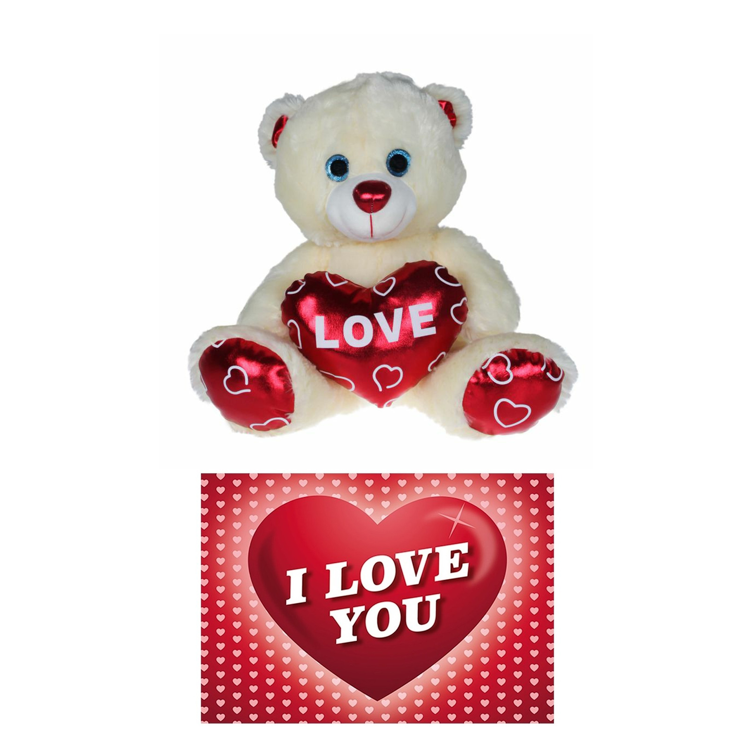 Pluche knuffelbeer 20 cm met wit-rood Valentijn Love hartje incl. hartjes wenskaart