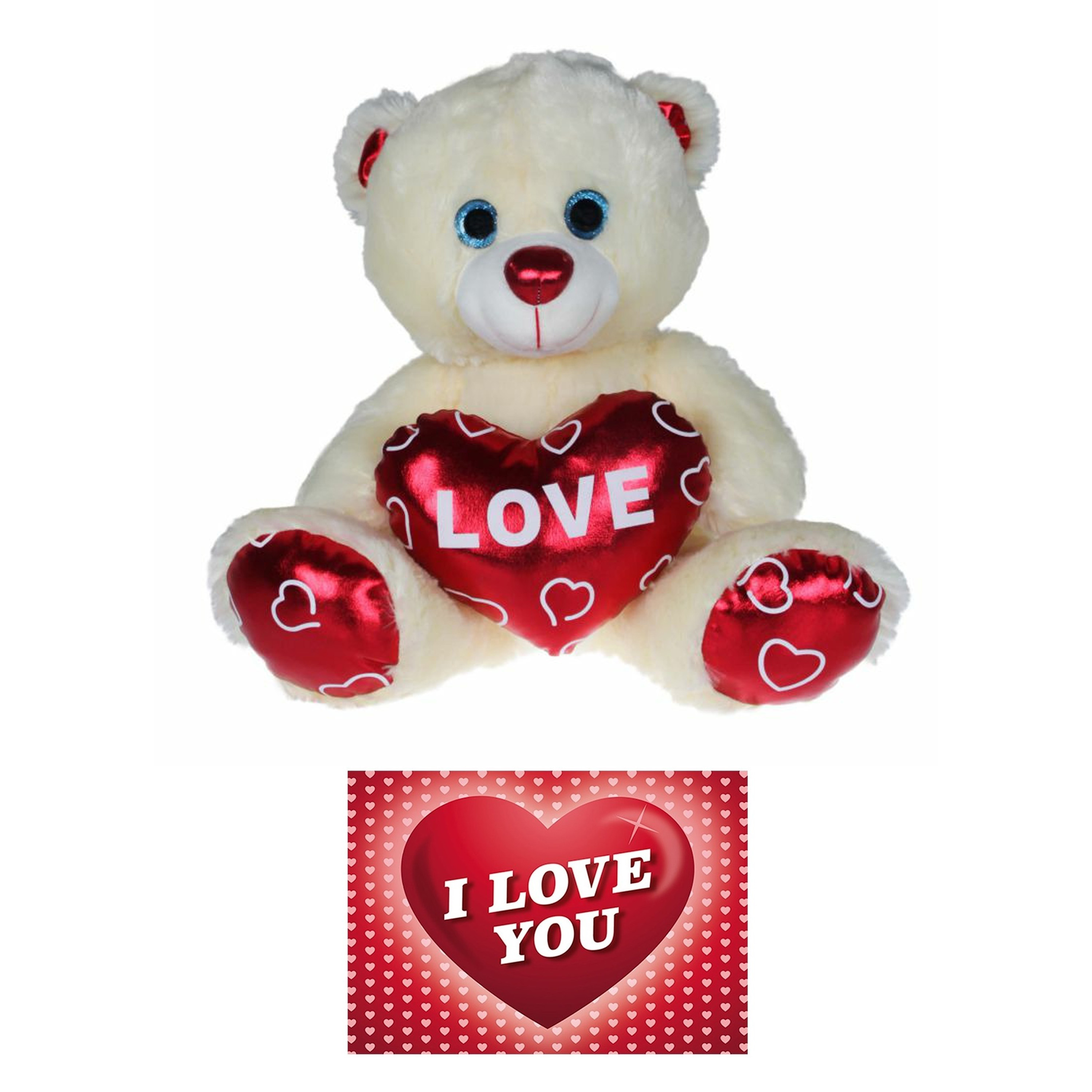 Pluche knuffelbeer 60 cm met wit-rood Valentijn Love hartje incl. hartjes wenskaart