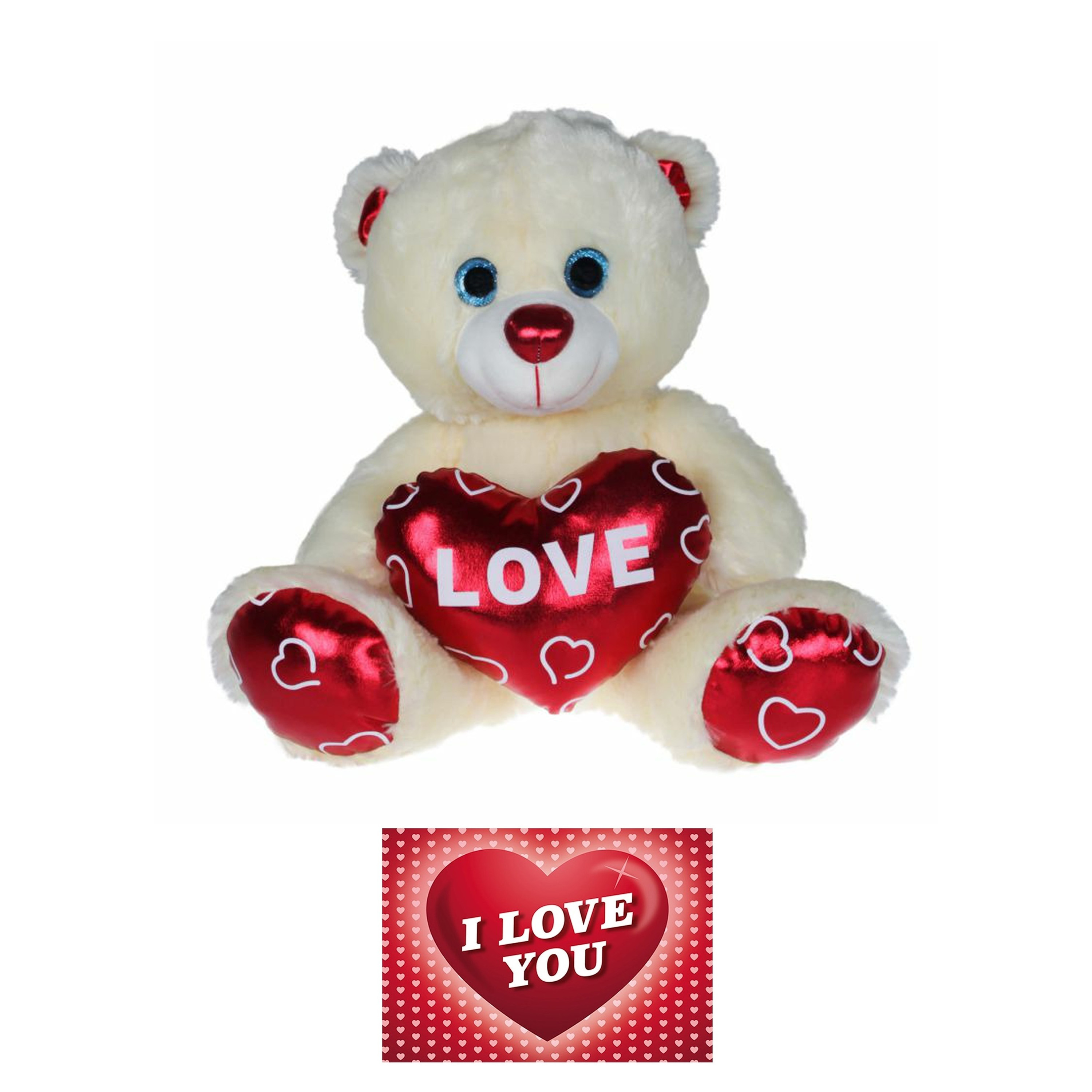 Pluche knuffelbeer 70 cm met wit-rood Valentijn Love hartje incl. hartjes wenskaart