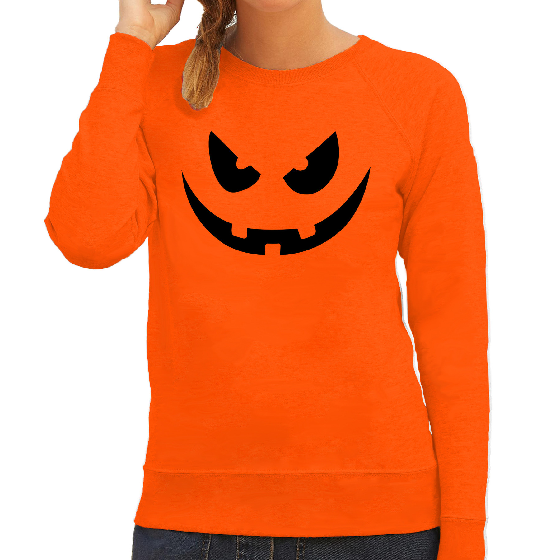 Pompoen gezicht horror trui oranje voor dames verkleed sweater-kostuum