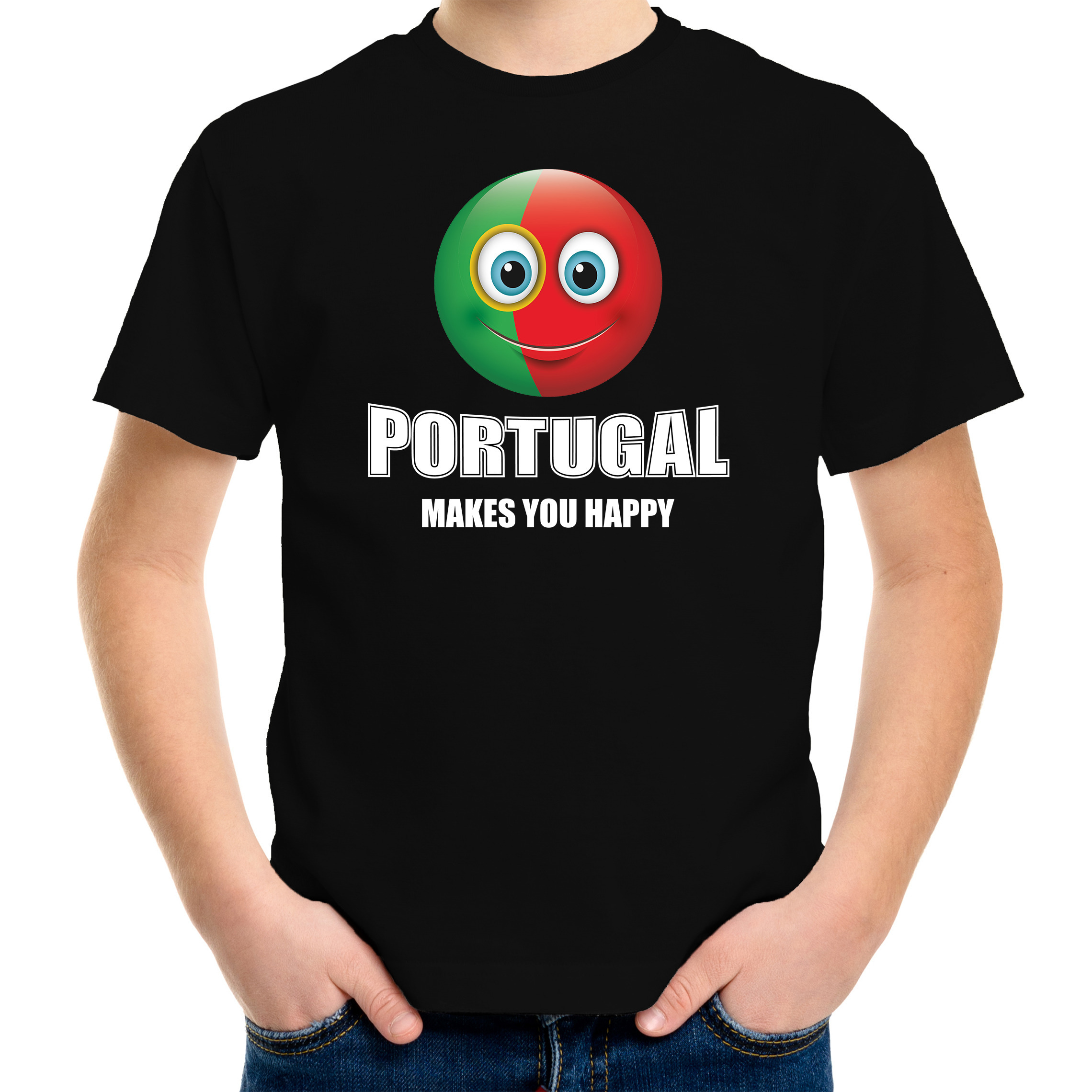 Portugal makes you happy landen-vakantie shirt zwart voor kinderen met emoticon