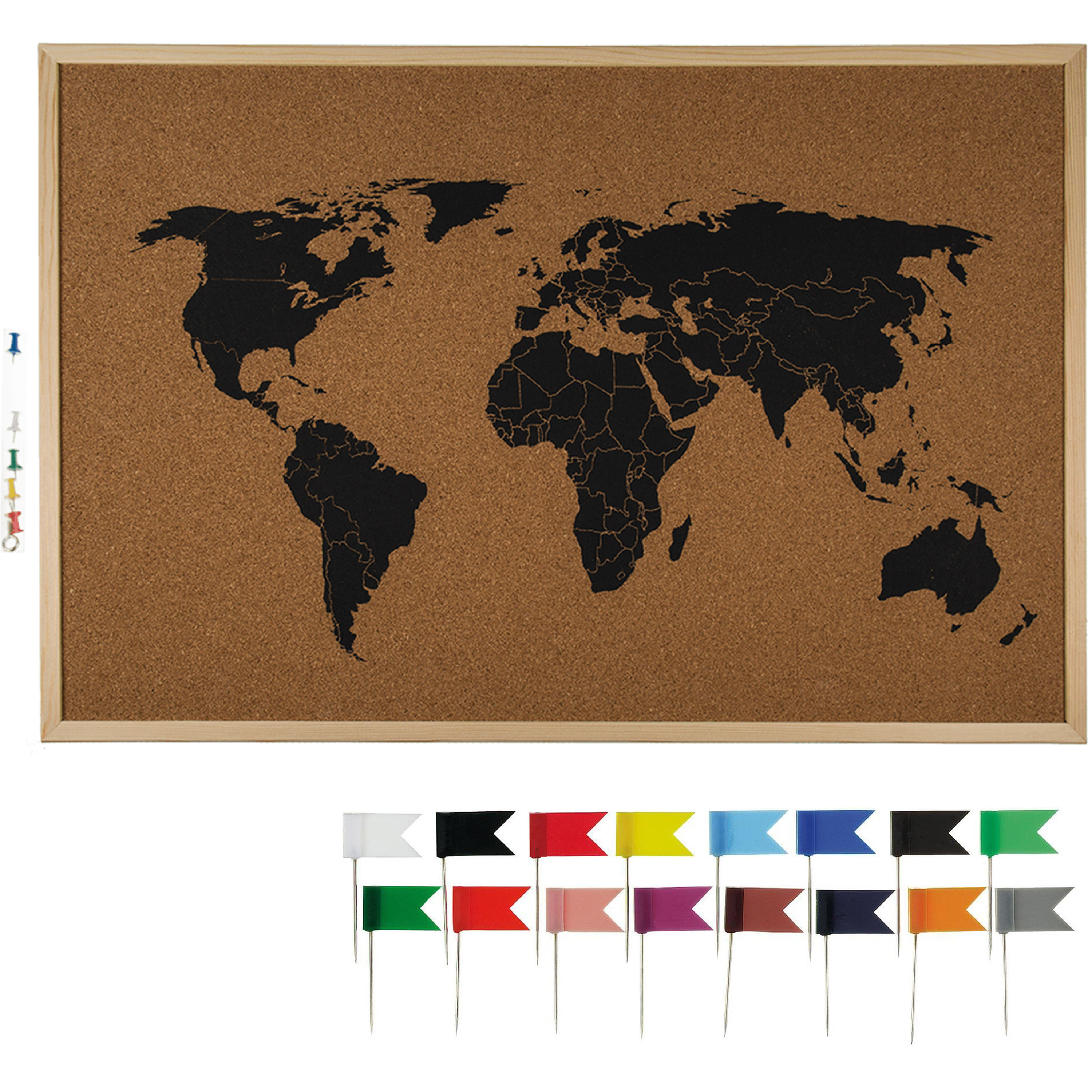 Prikbord wereldkaart met 20x punaise vlaggetjes 60 x 40 cm kurk