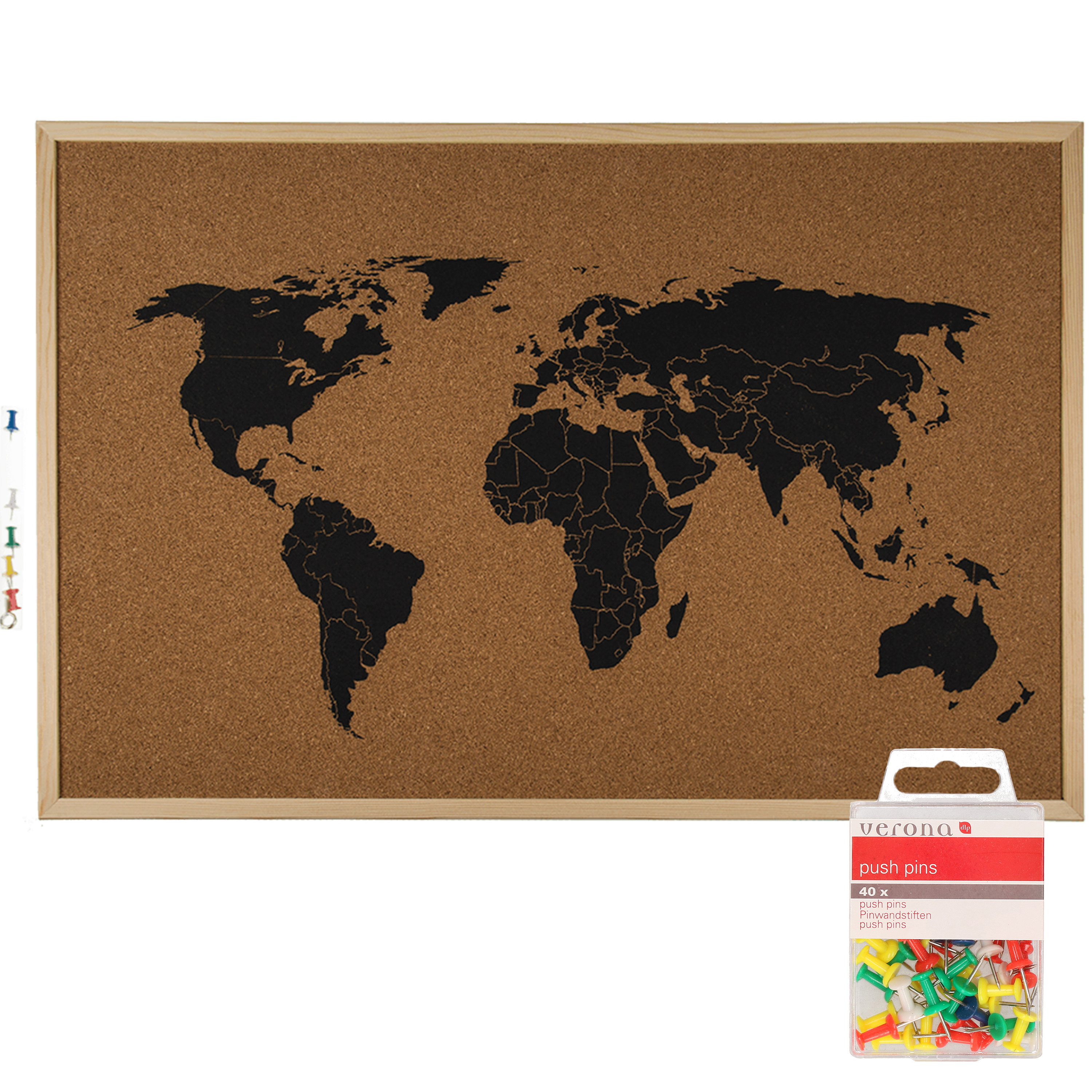 Prikbord wereldkaart met 40x punaises gekleurd 60 x 40 cm kurk