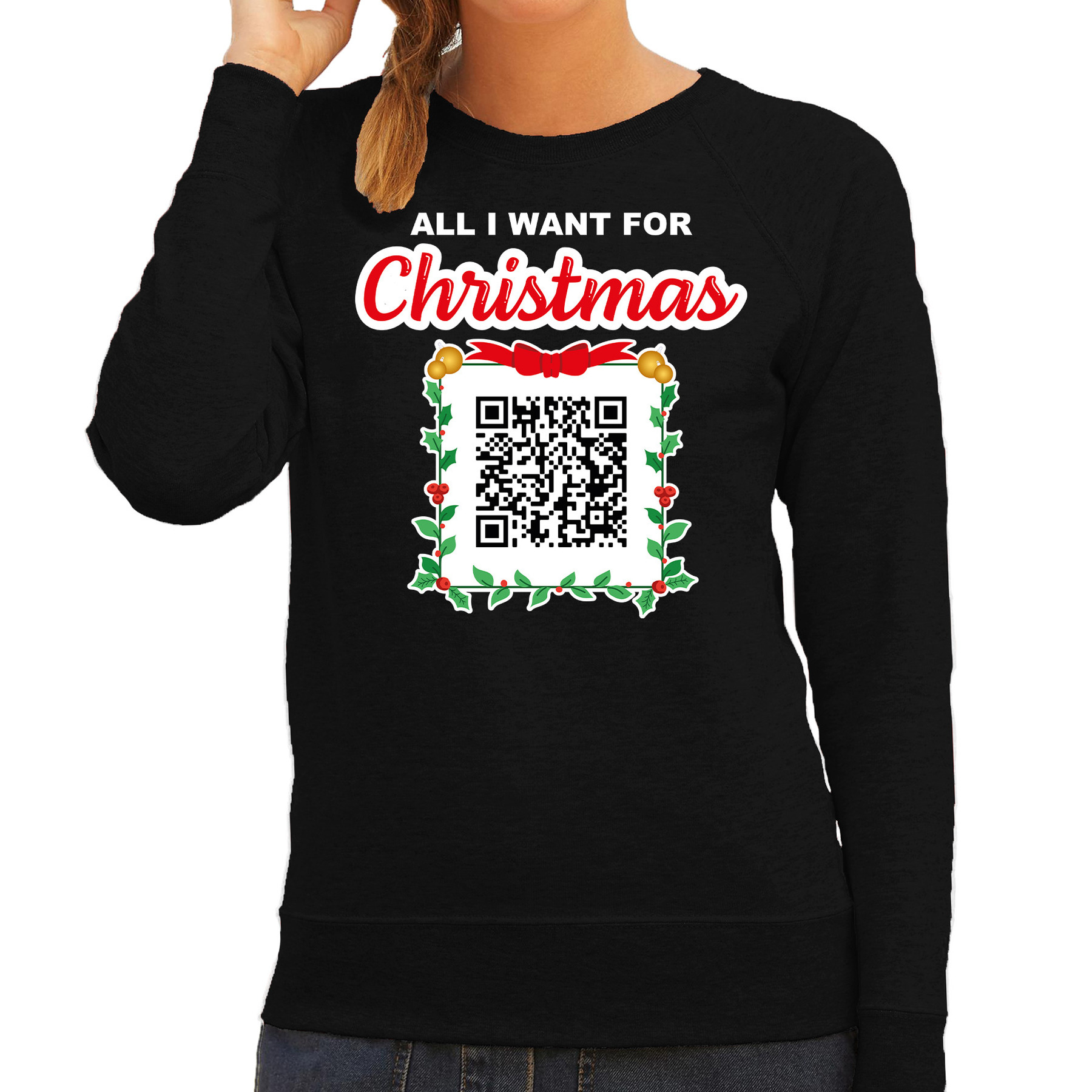 QR code kersttrui Geen Kut kerst muziek dames zwart Bellatio Christmas sweaters