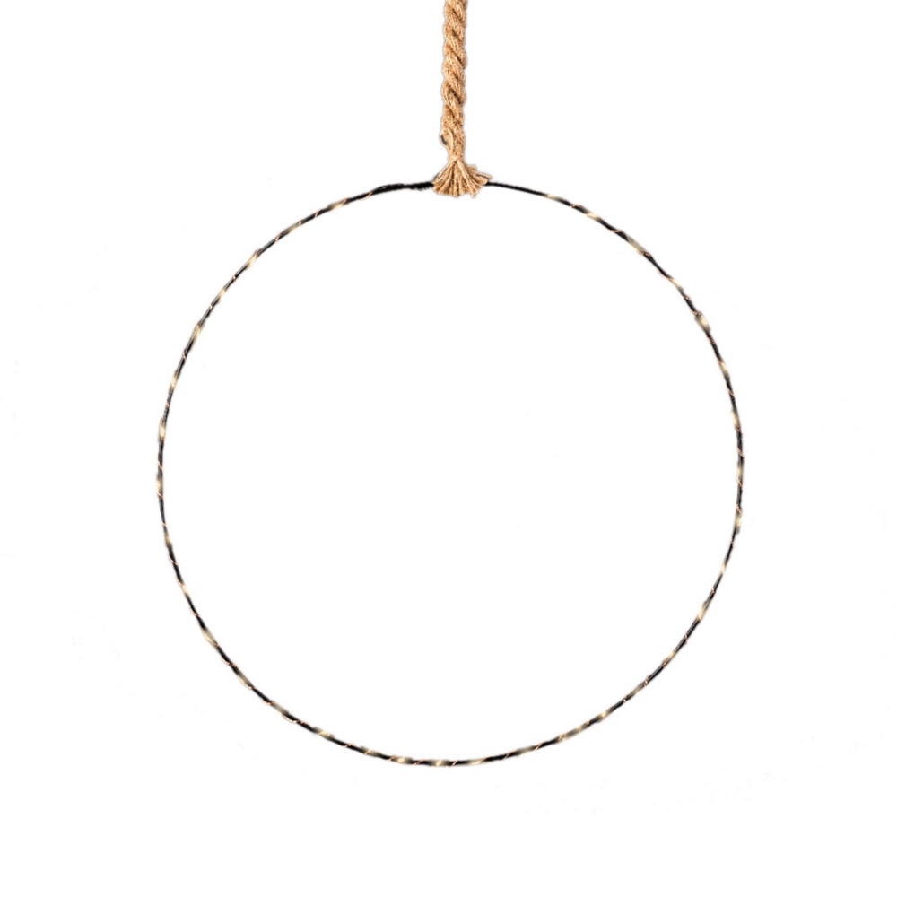 Raam-deur decoratie hangende ijzeren cirkel-ring aan touw met verlichting 48 cm