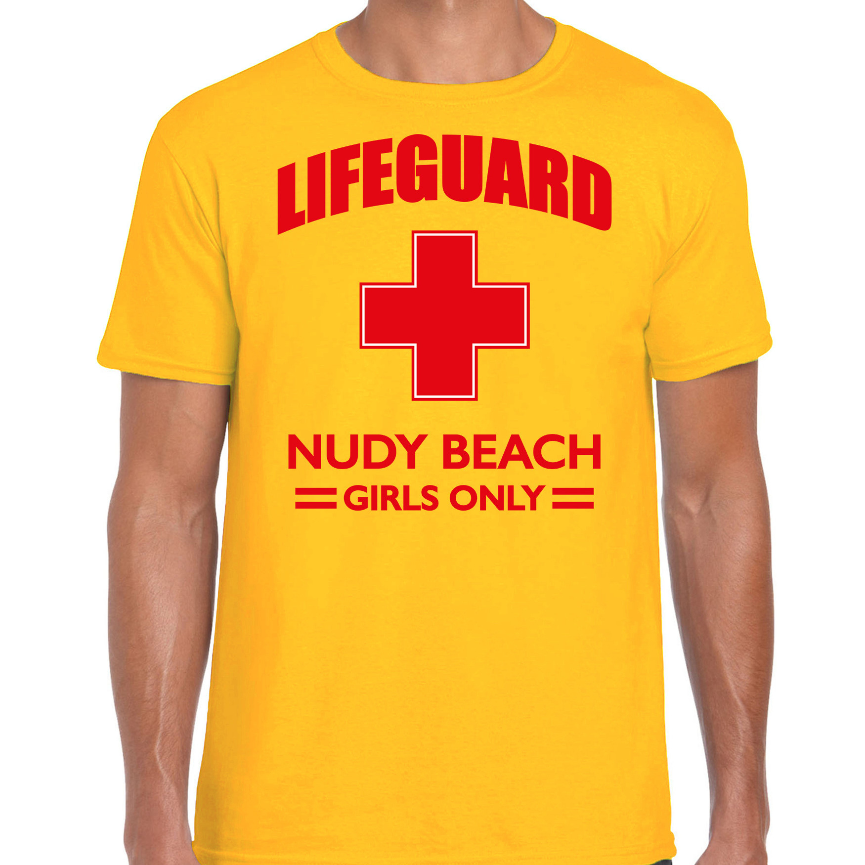 Reddingsbrigade-lifeguard Nudy Beach girls only t-shirt geel-voor bedrukking heren