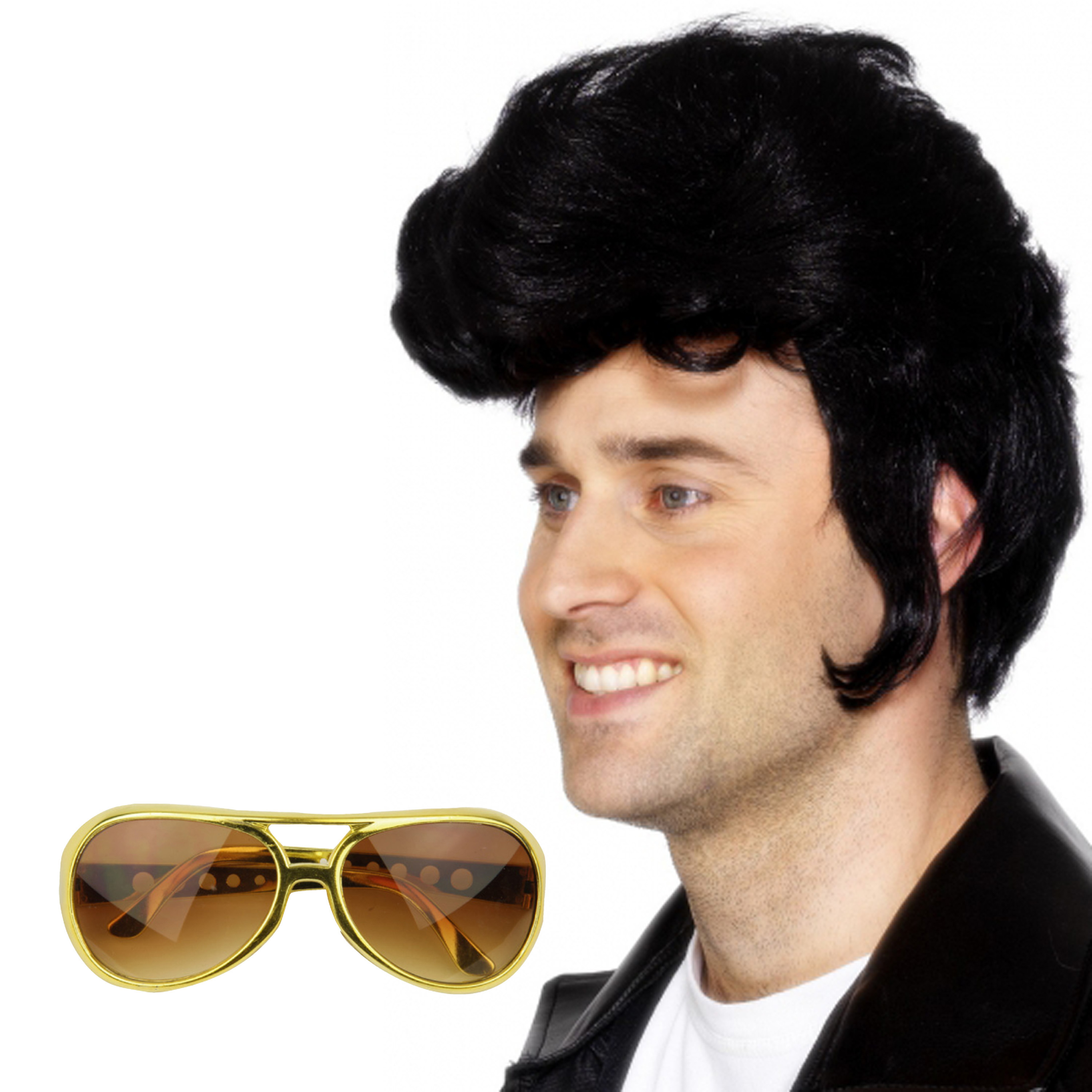 Rock and Roll ster Elvis verkleed set herenpruik zwart met kuif en bril goud montuur