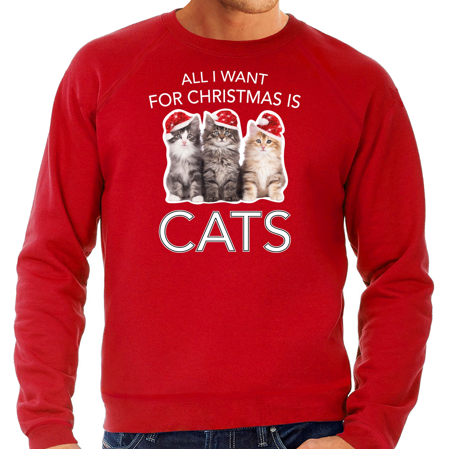 Rode Kersttrui-Kerstkleding All I want for christmas is cats voor heren