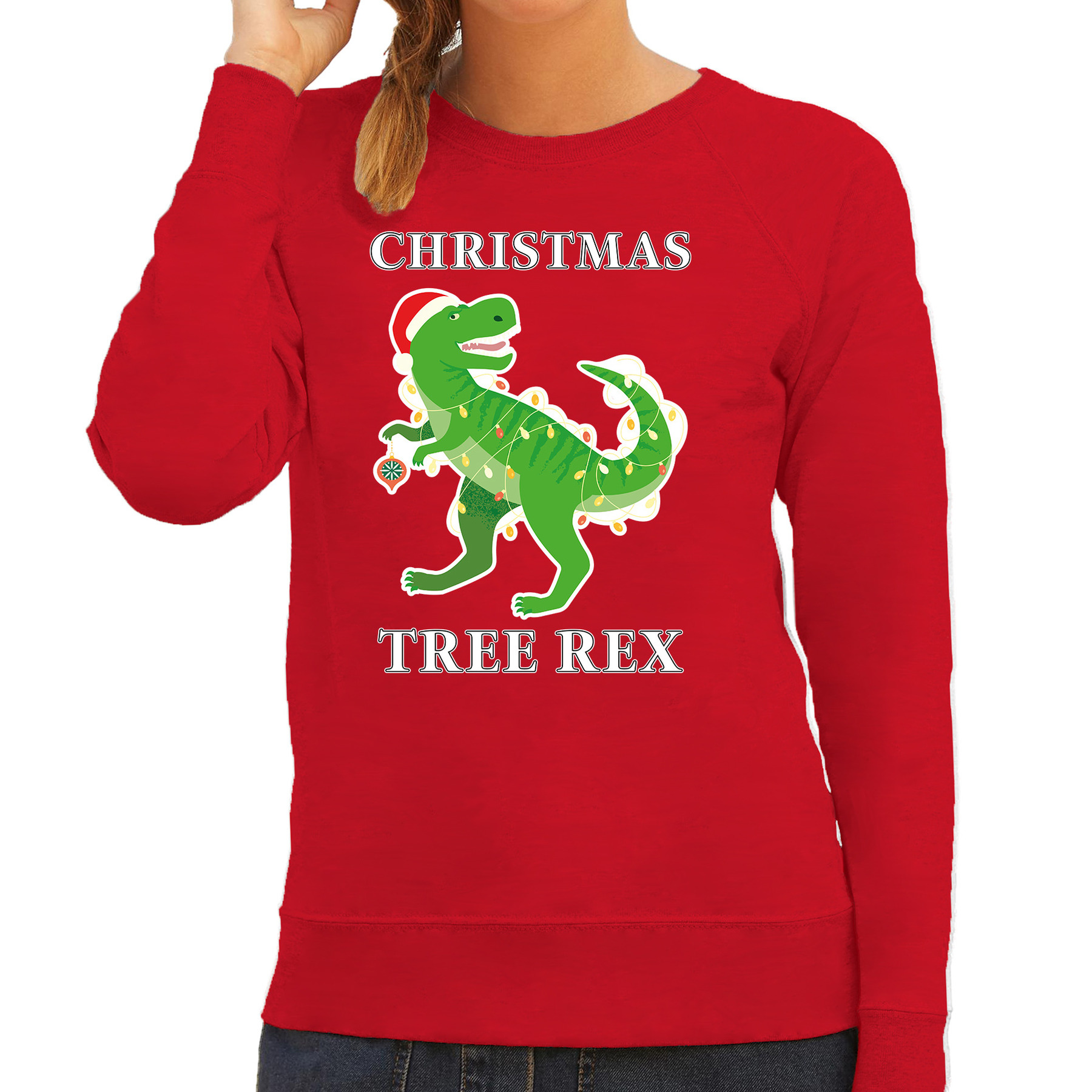Rode Kersttrui-Kerstkleding Christmas tree rex voor dames