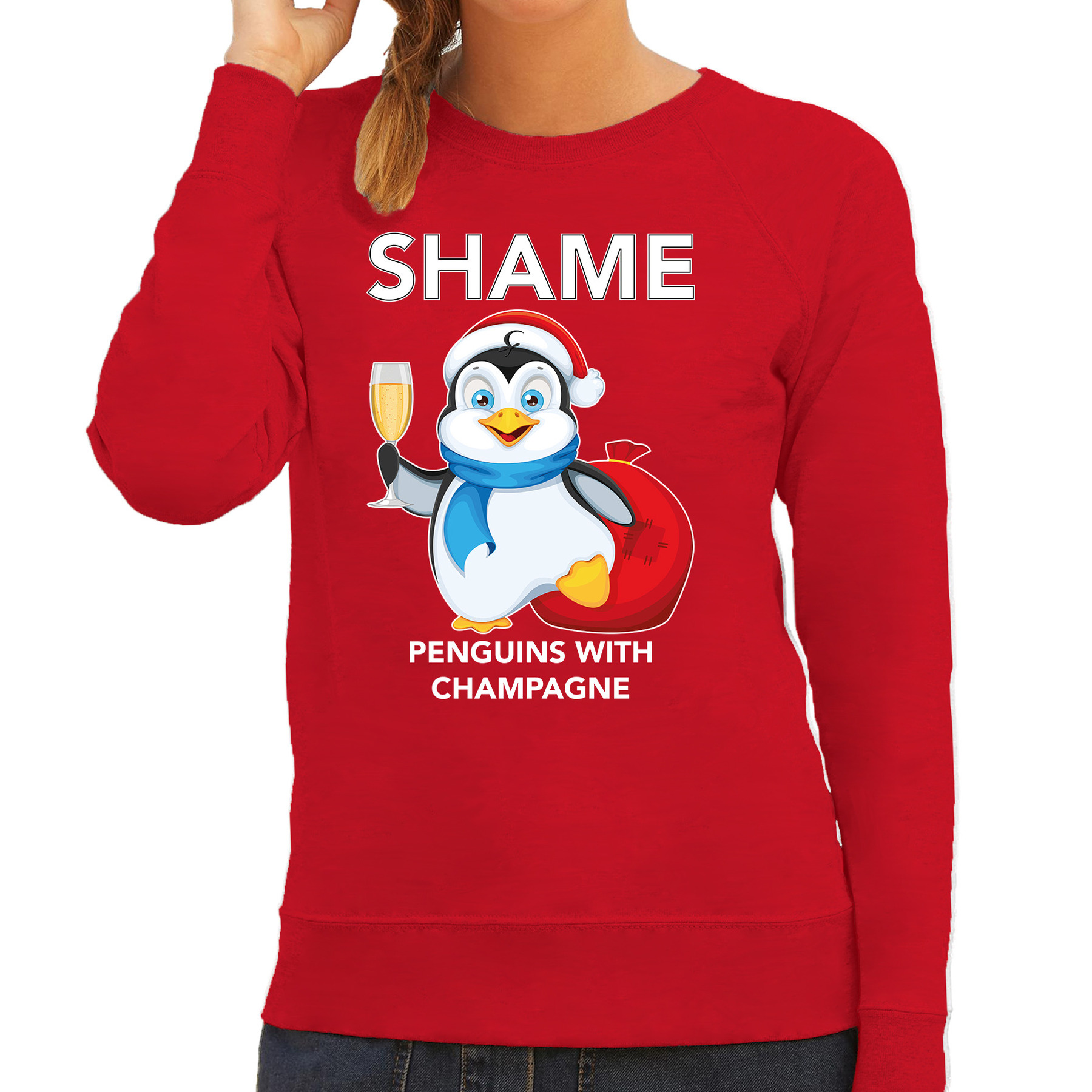 Rode Kersttrui-Kerstkleding met pinguin Shame penguins with champagne voor dames